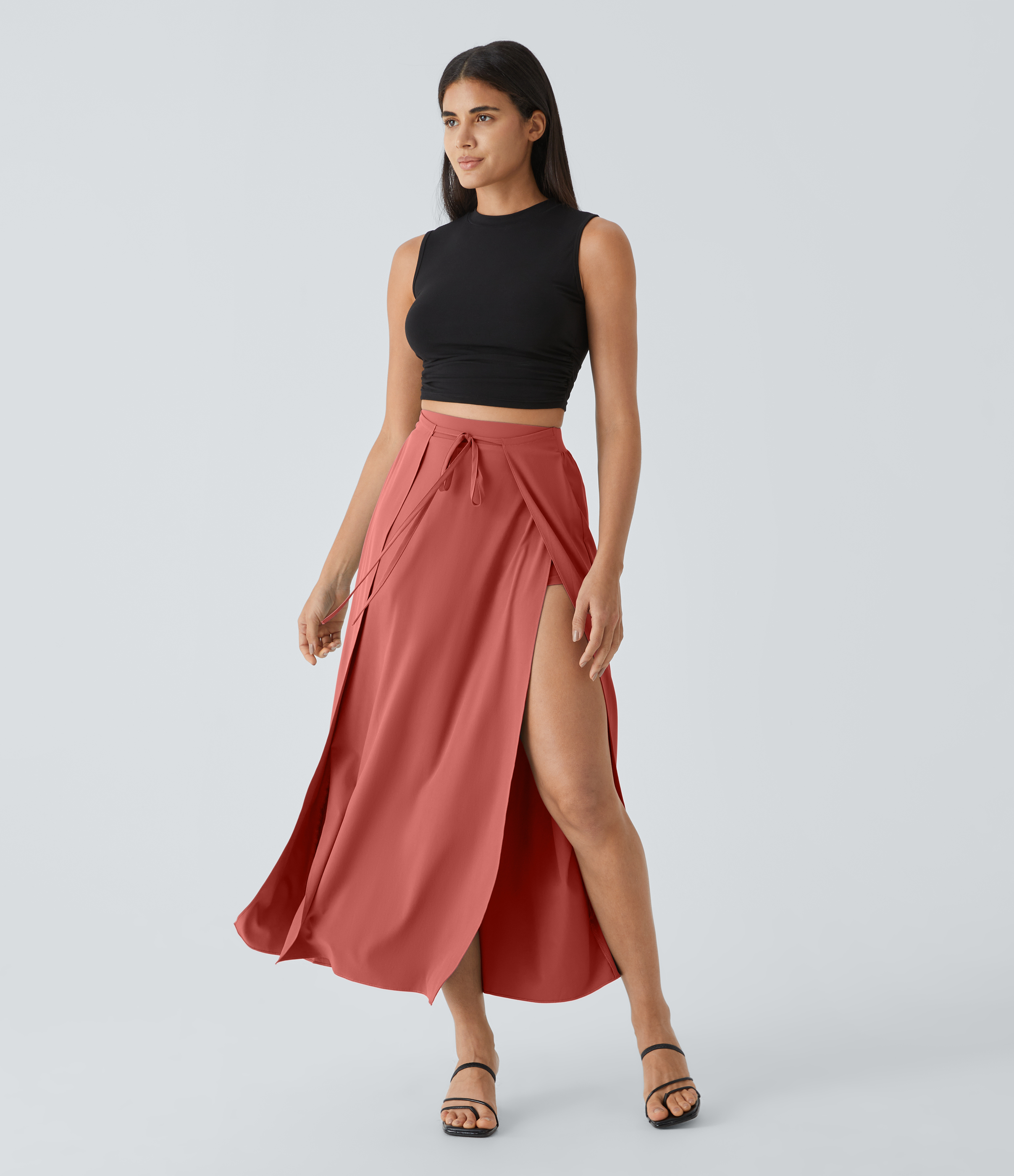 Halara Breezefulв„ў High Waisted Tie Front Plicated Split Flowy 2-in-1 Maxi Quick Dry Casual Skirt  - Flame Red - XL(regular) 