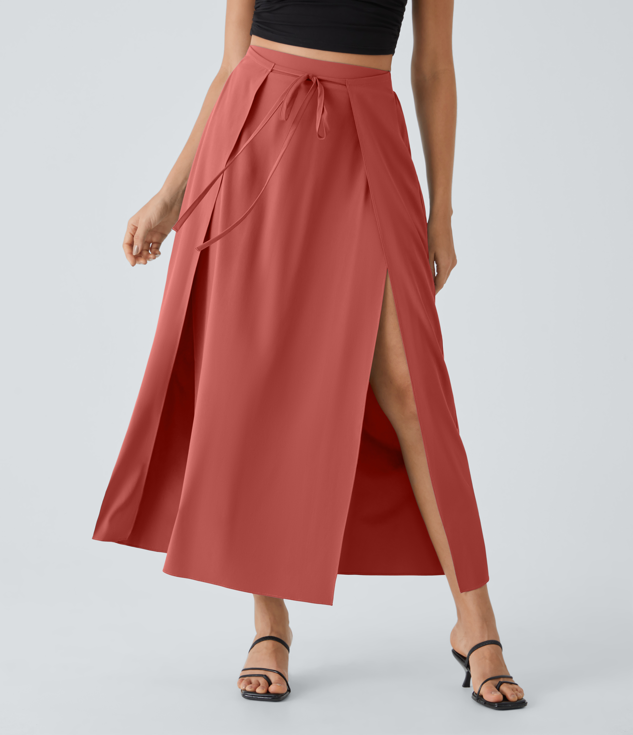 Halara Breezefulв„ў High Waisted Tie Front Plicated Split Flowy 2-in-1 Maxi Quick Dry Casual Skirt  - Flame Red - XL(regular) 