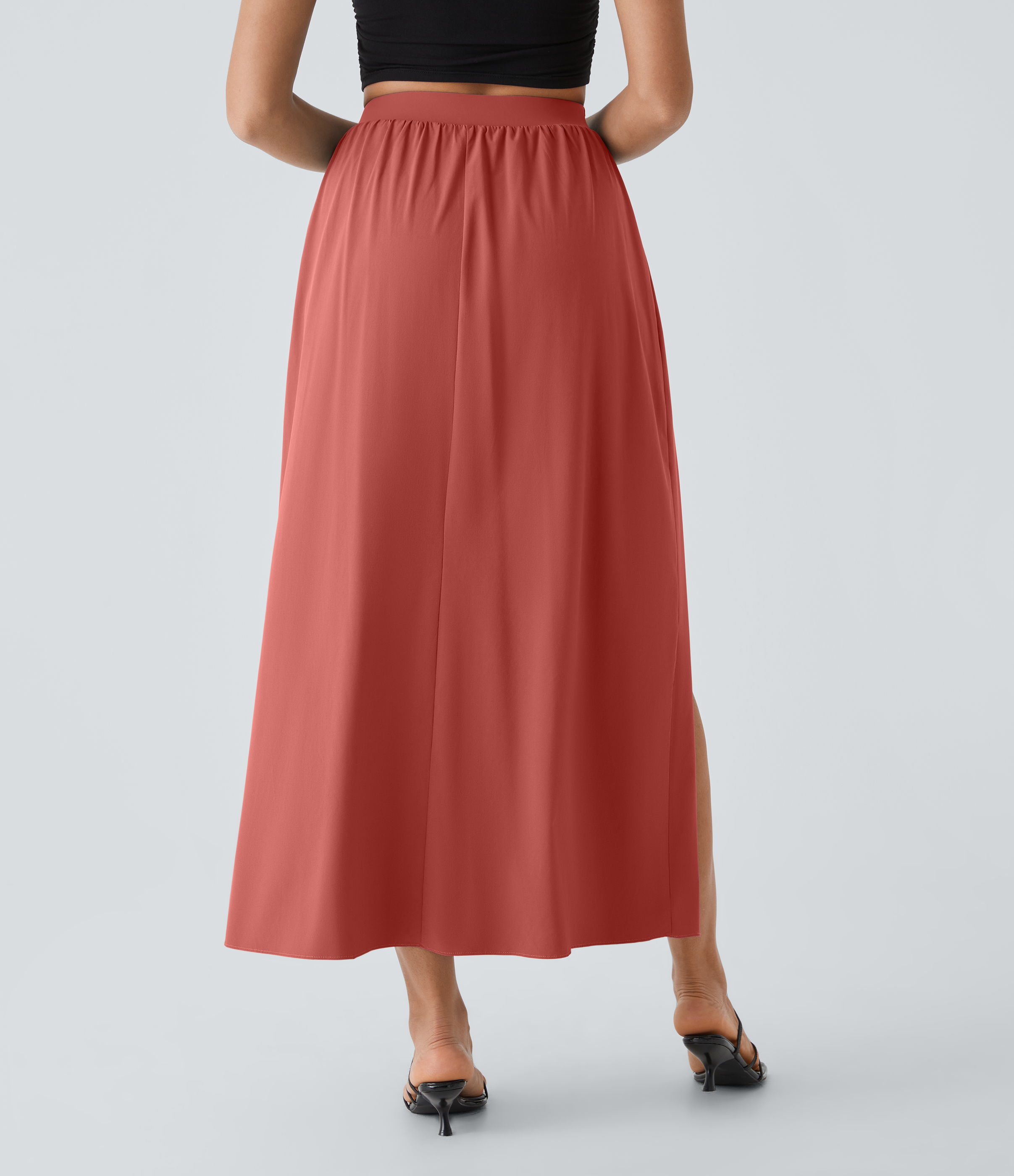 Halara Breezefulв„ў High Waisted Tie Front Plicated Split Flowy 2-in-1 Maxi Quick Dry Casual Skirt  - Flame Red - XL(regular) 