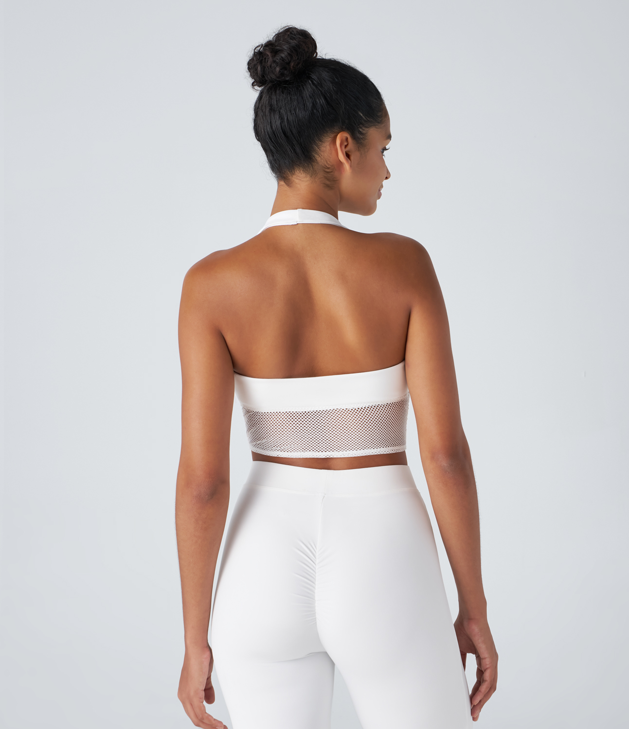 Halara Softlyzeroв„ў Plush Halter Backless Contrast Mesh Cropped Casual Sports Top-UPF50+  - White - M 