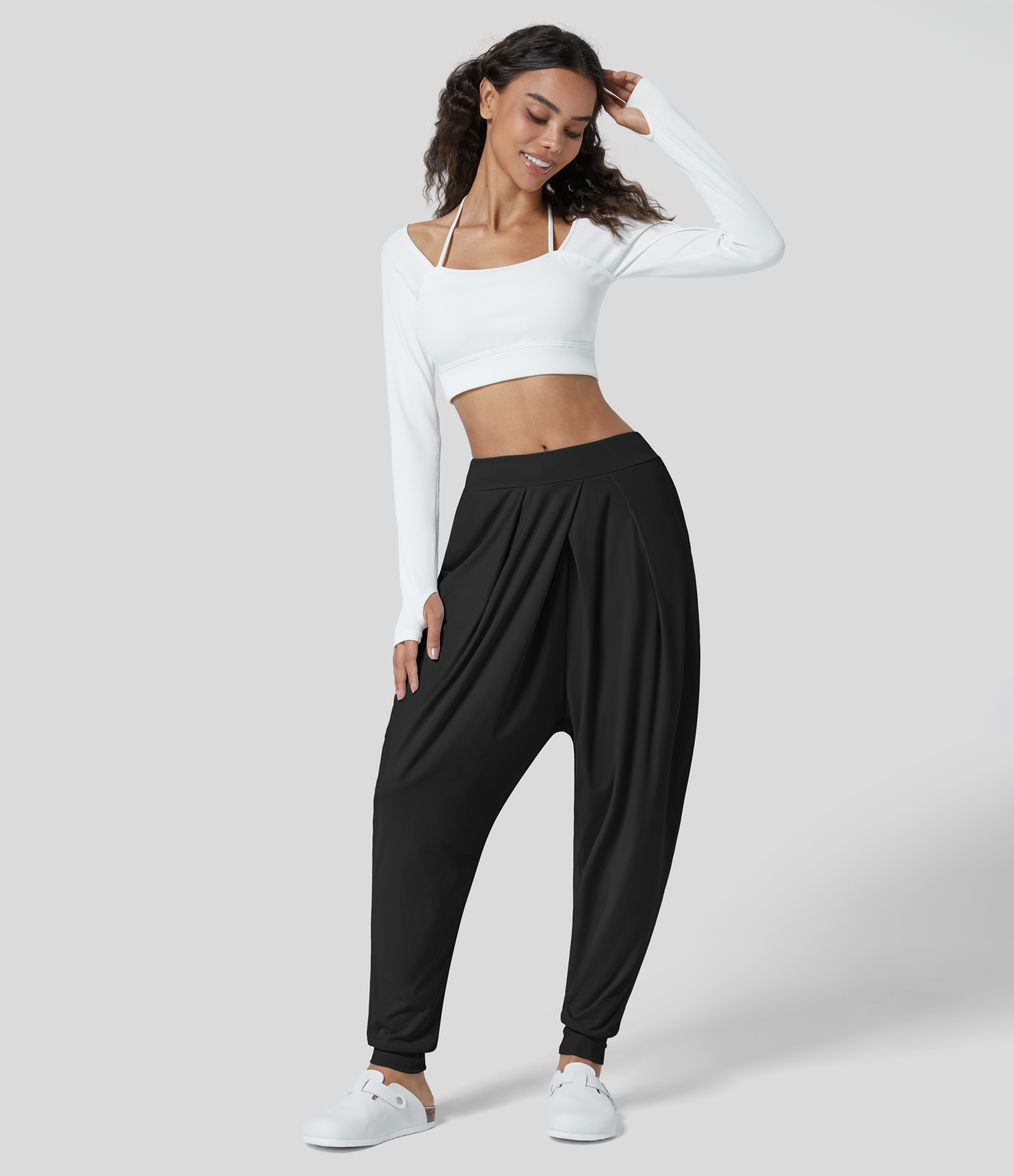 Halara Mid Rise Plicated Multiple Pockets Ankle Length Harem Casual Joggers  - Black - S(regular) 
