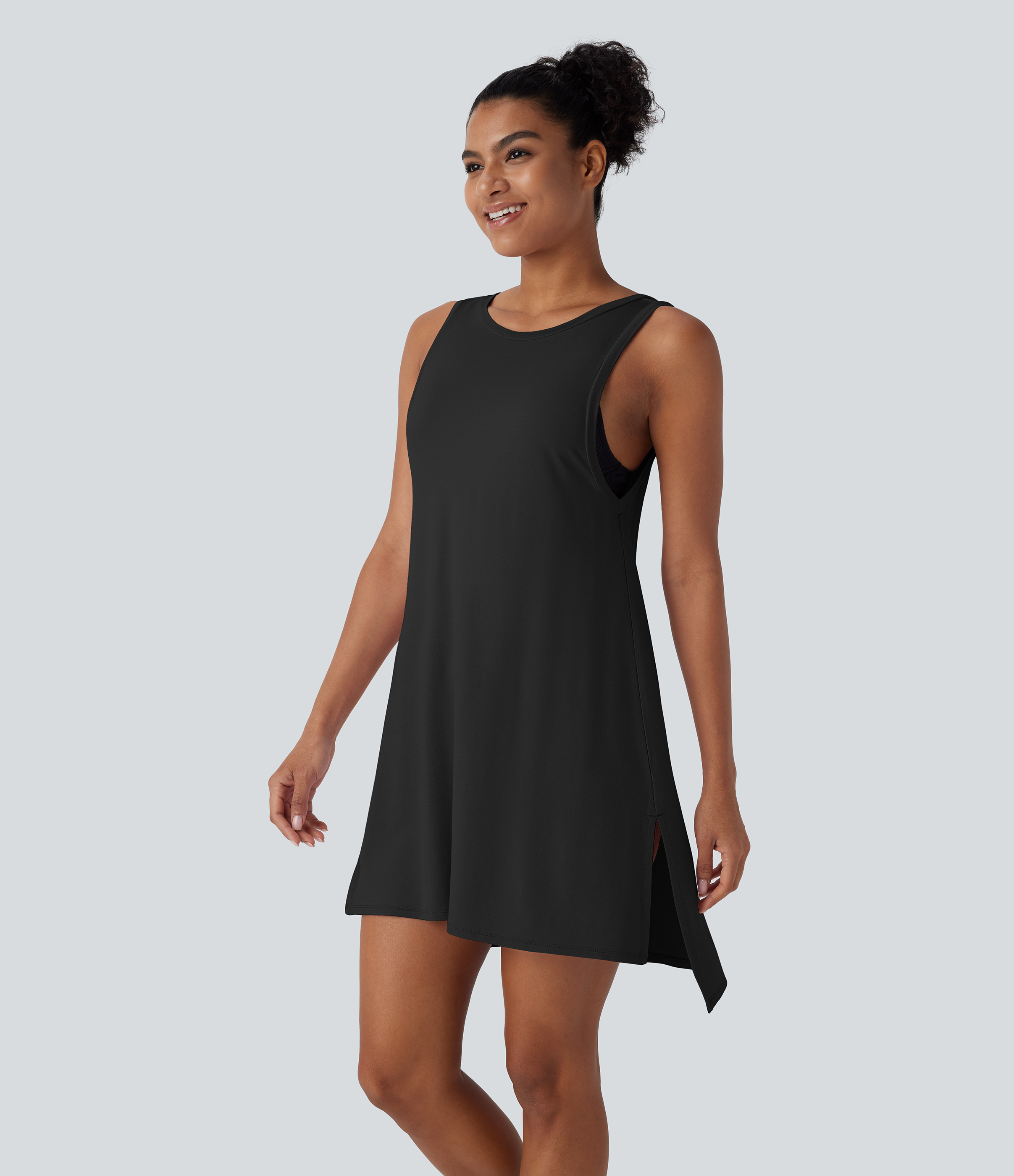 Halara Backless Split Mini Casual Tank Dress Casual Dress - Black - XS slip dress beach dress ruched dress halter dress exercise dress 