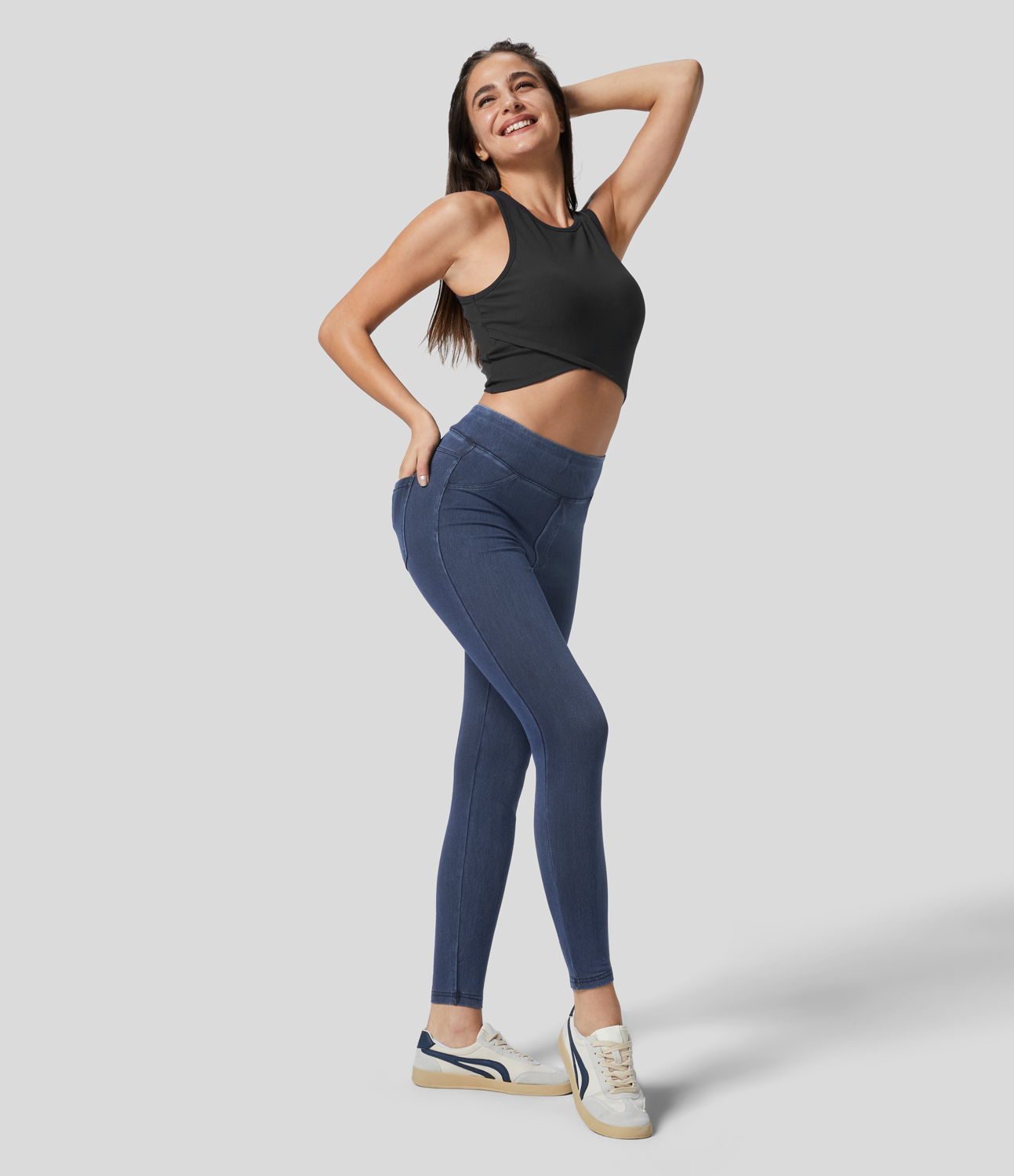 

Halara HalaraMagicв„ў High Waisted Back Side Pocket Stretchy Knit Denim Fleece Casual Leggings - Washed Denim Indigo Blue