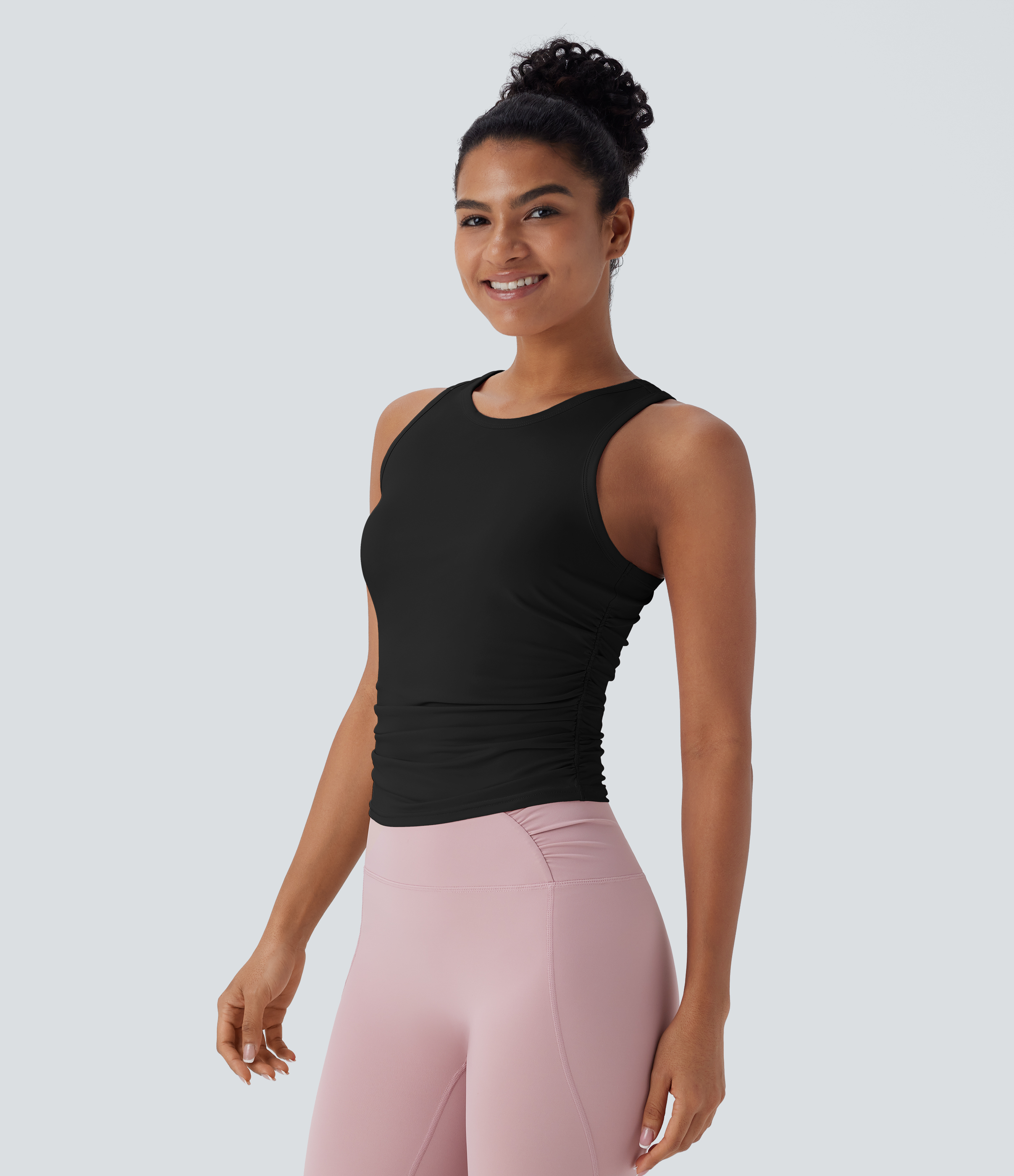 Halara Round Neck Racerback Ruched Yoga Tank Top Tank Top - Black - XL golf tops halter top tunic tops sleeveless tops backless top 