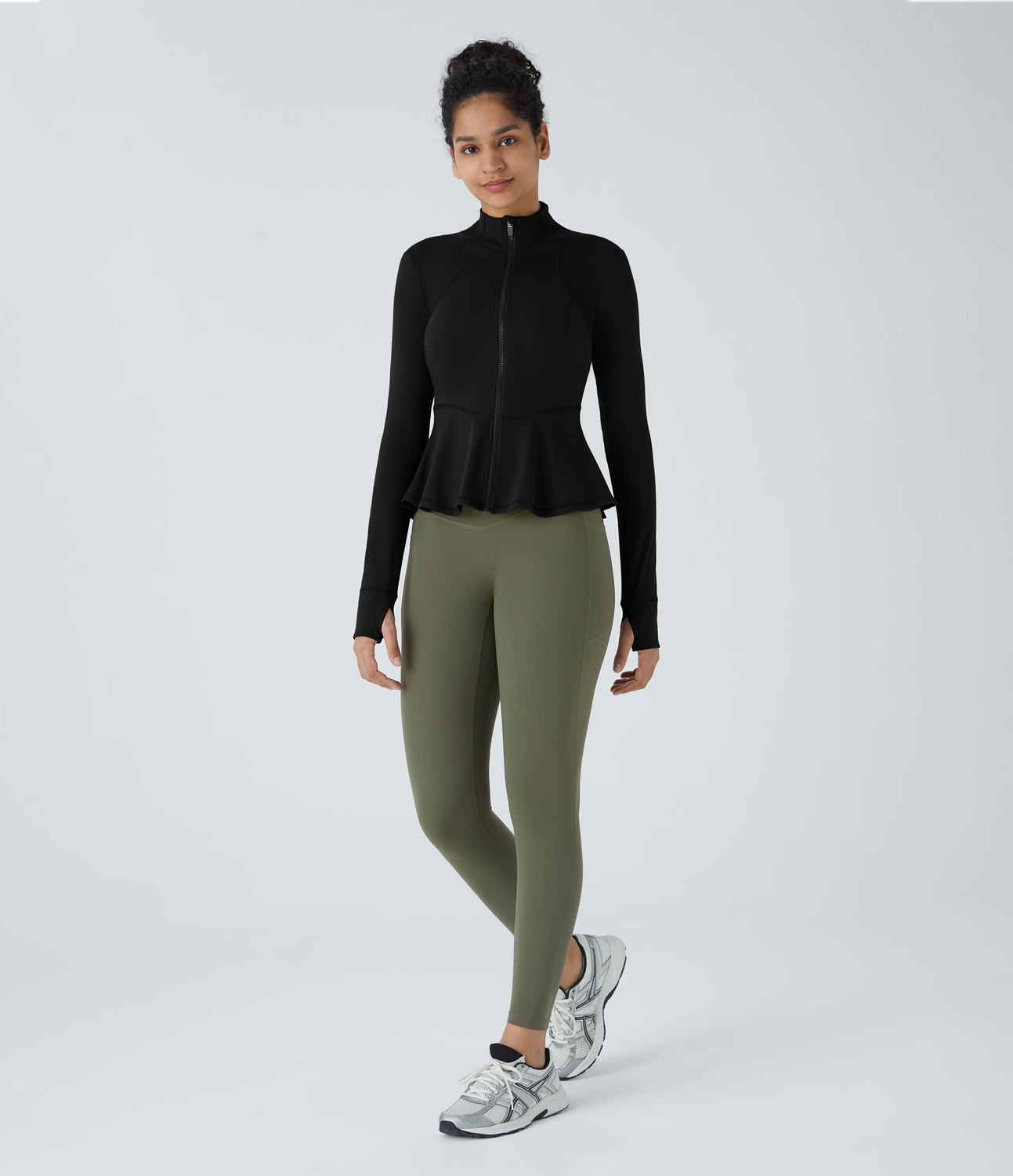 Halara Stand Collar Zipper Thumb Hole Ruffle Hem Yoga Jacket  - Black - L 