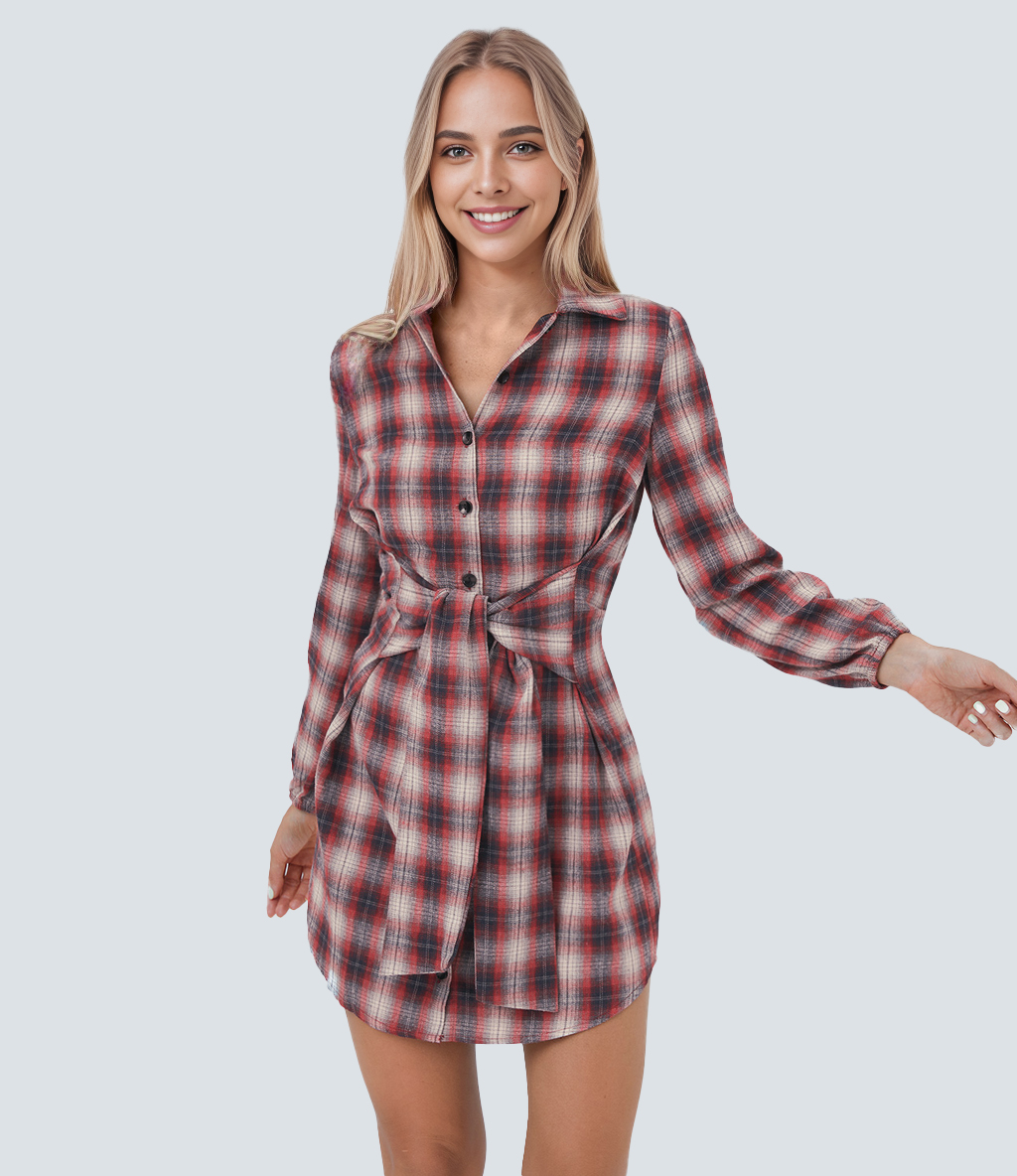 Tie Front Long Sleeve Plaid Mini Casual Dress