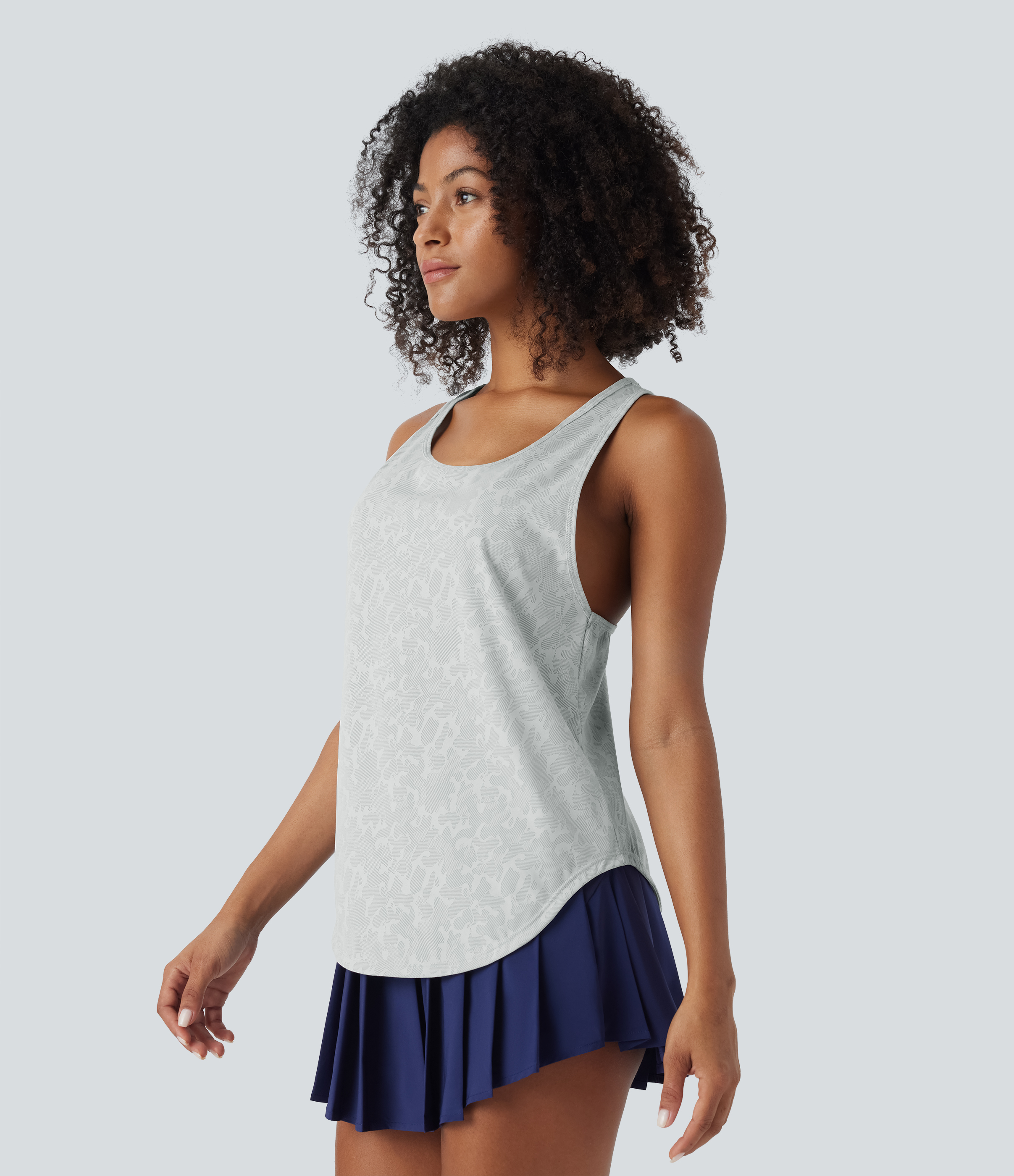 Halara Round Neck Racerback Curved Hem Camo Jacquard Cool Touch Pickleball Tank Top Tank Top - Azure Gray Tie Dye - S golf tops halter top 