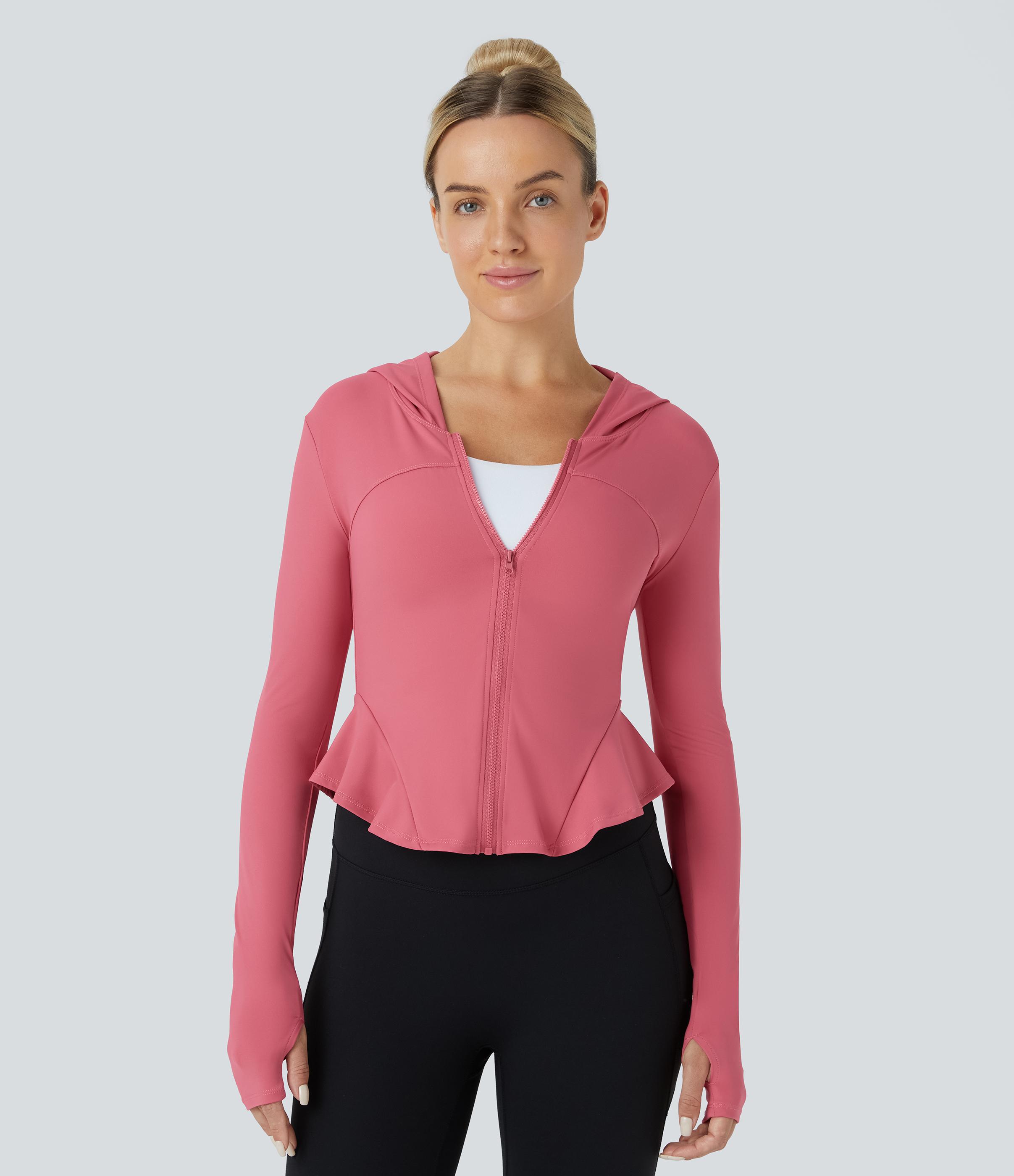 Halara Softlyzeroв„ў Airy Zipper Long Sleeve Thumb Hole Ruffle Hem Hooded Slim Cool Touch Yoga Jacket  - Begonia Rouge - XL 