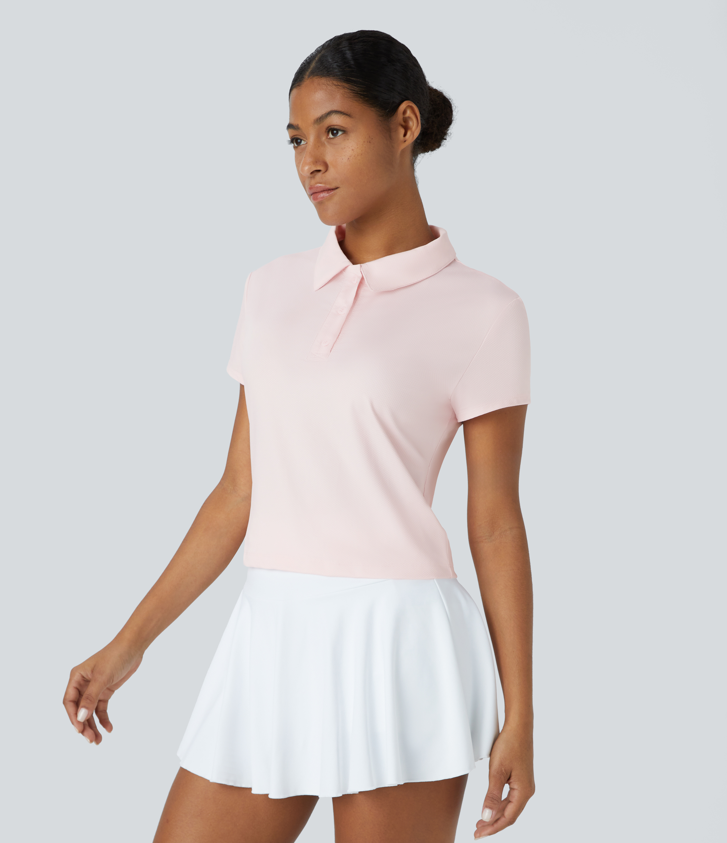 Halara Polo Neck Short Sleeve Tennis Sports Top  - Heavenly Pink - L 