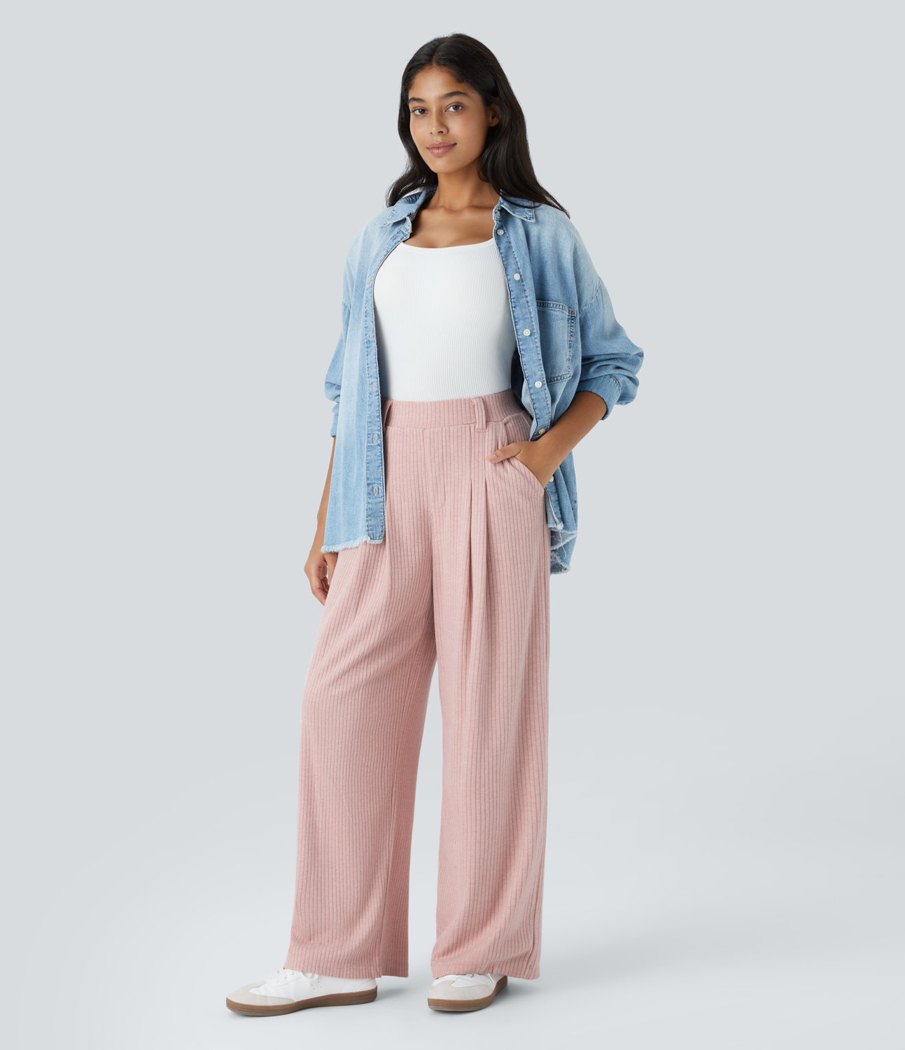 Halara Ribbed Knit High Waisted Plicated Side Pocket Wide Leg Casual Pants  - Peachskin - XS(regular) sweatpants jogger pants 