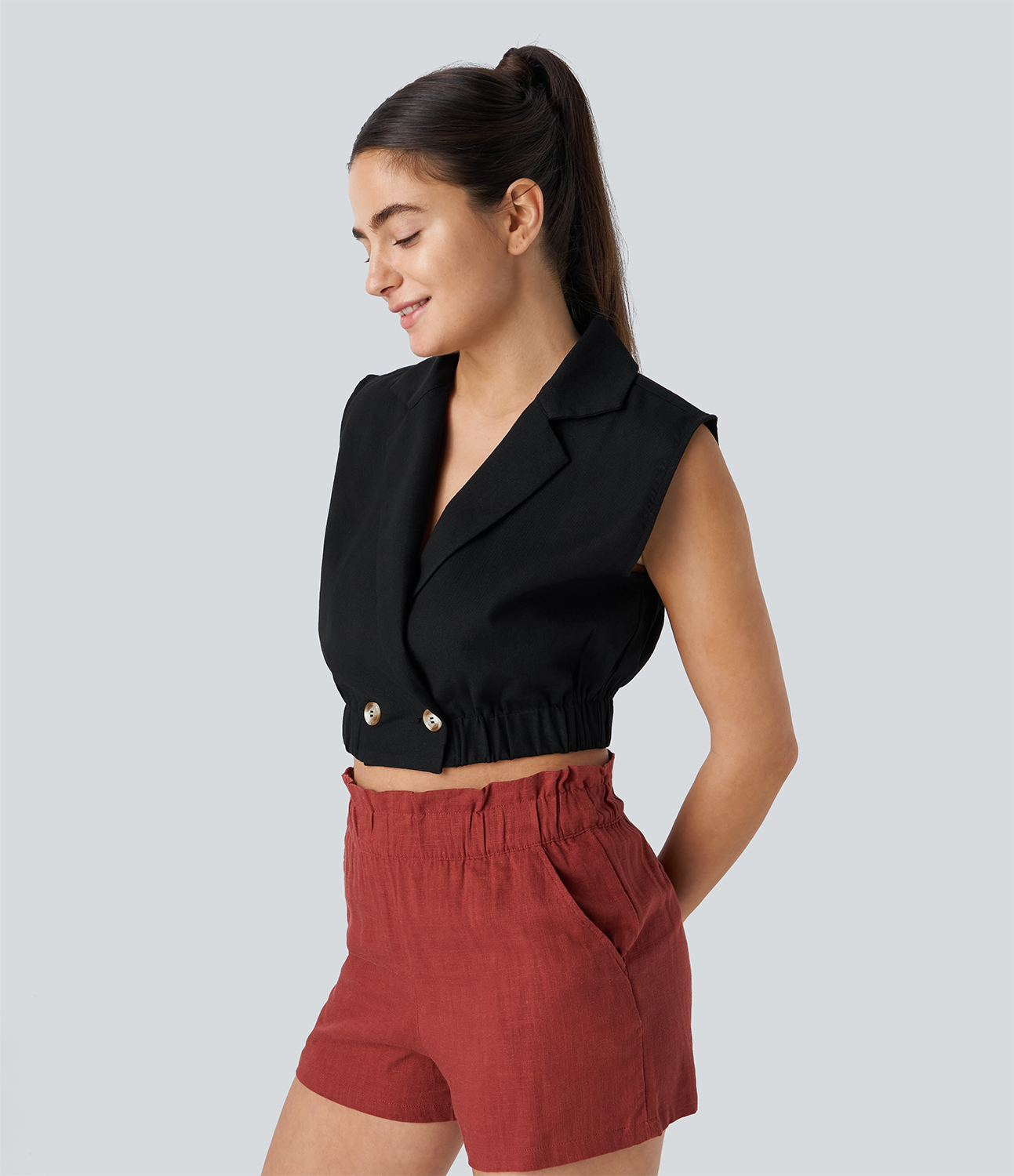 Halara Notched Collar Sleeveless Button Cropped Linen-Blend Casual Vest Tank Top - Black - M golf tops halter top tunic tops sleeveless tops 