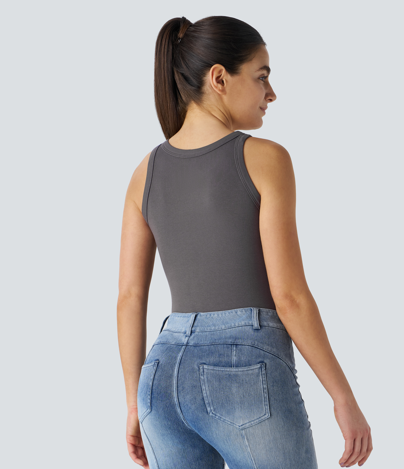 Halara Ribbed Knit Basic Solid Slim Casual Tank Top Tank Top - Smokey Grey - M golf tops halter top tunic tops sleeveless tops backless top 