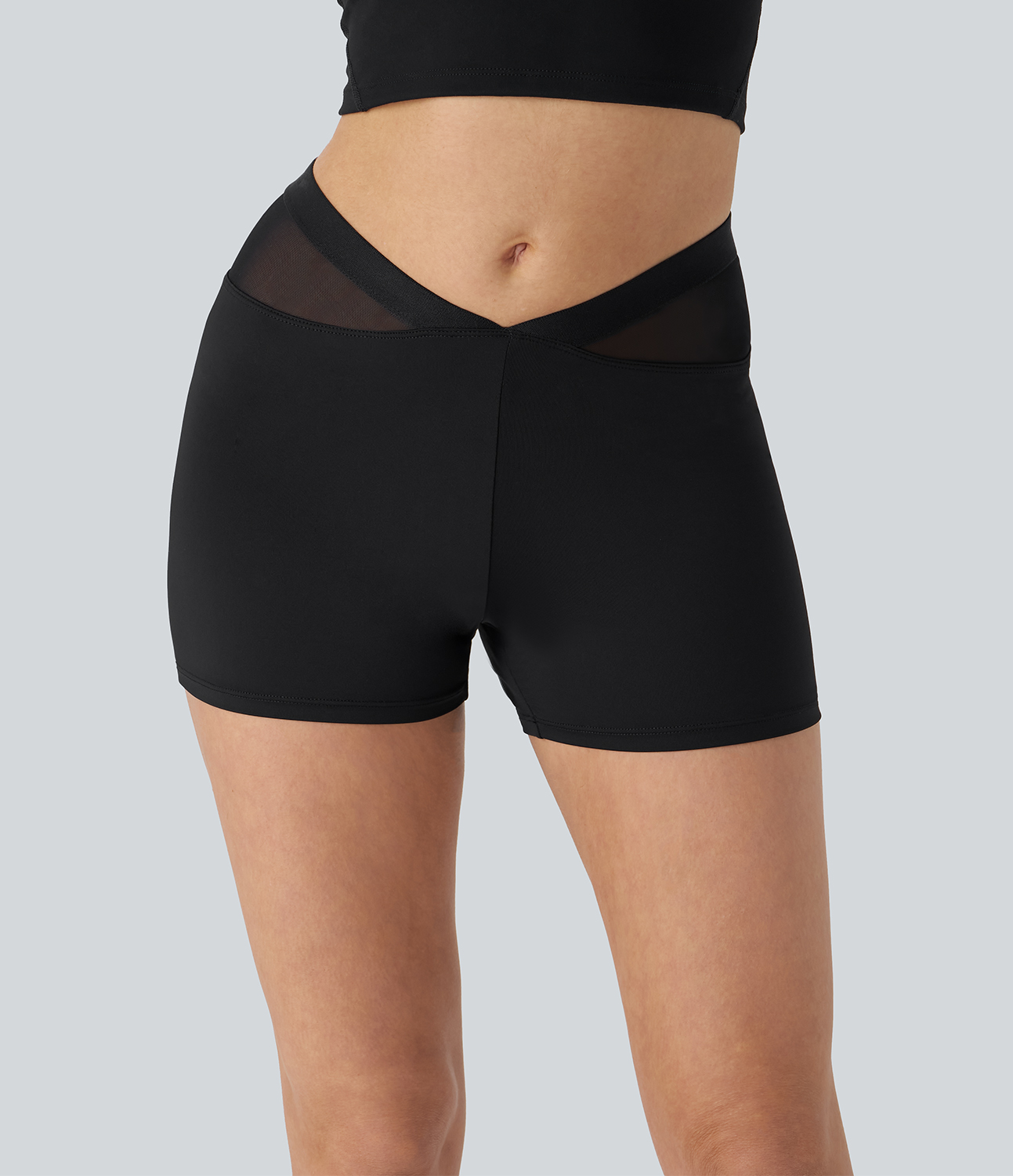 Halara V Shaped Low Rise Contrast Mesh Ruched Casual Biker Shorts 3``  - Black - S biker shorts women black biker shorts womens biker shorts 