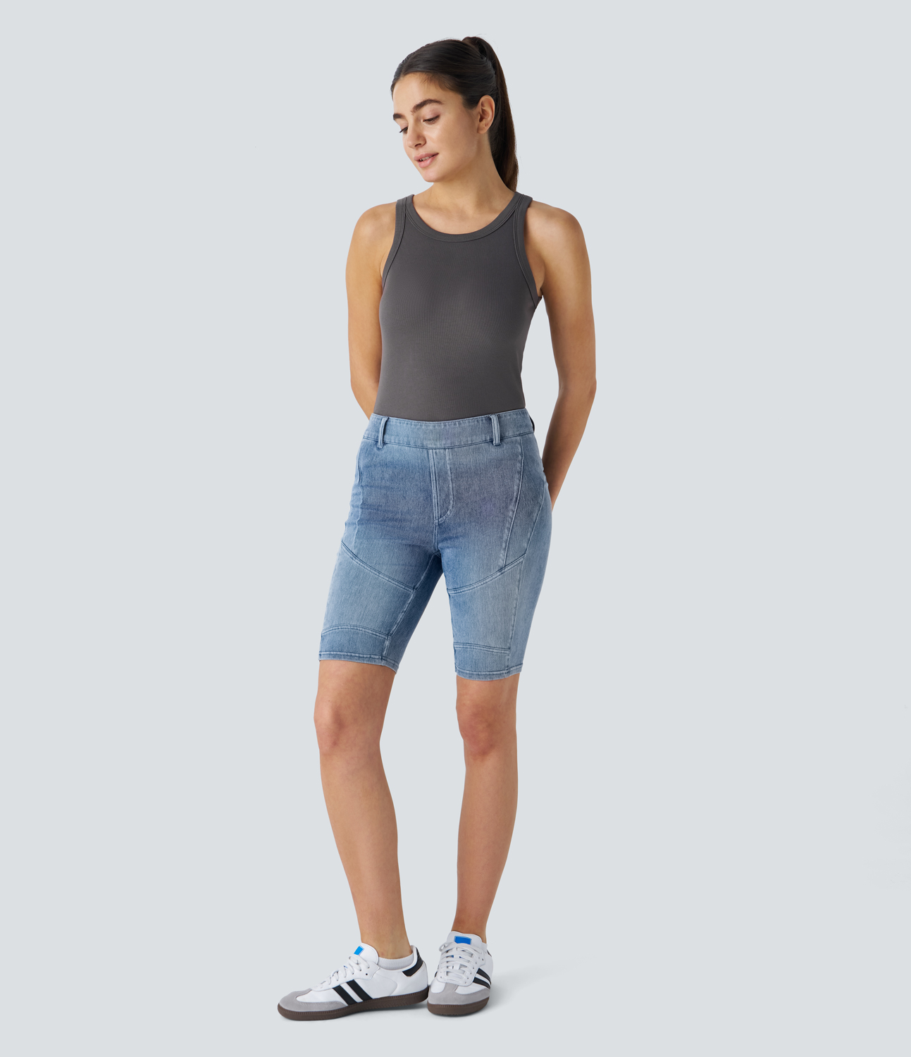 Halara Ribbed Knit Basic Solid Slim Casual Tank Top Tank Top - Smokey Grey - M golf tops halter top tunic tops sleeveless tops backless top 