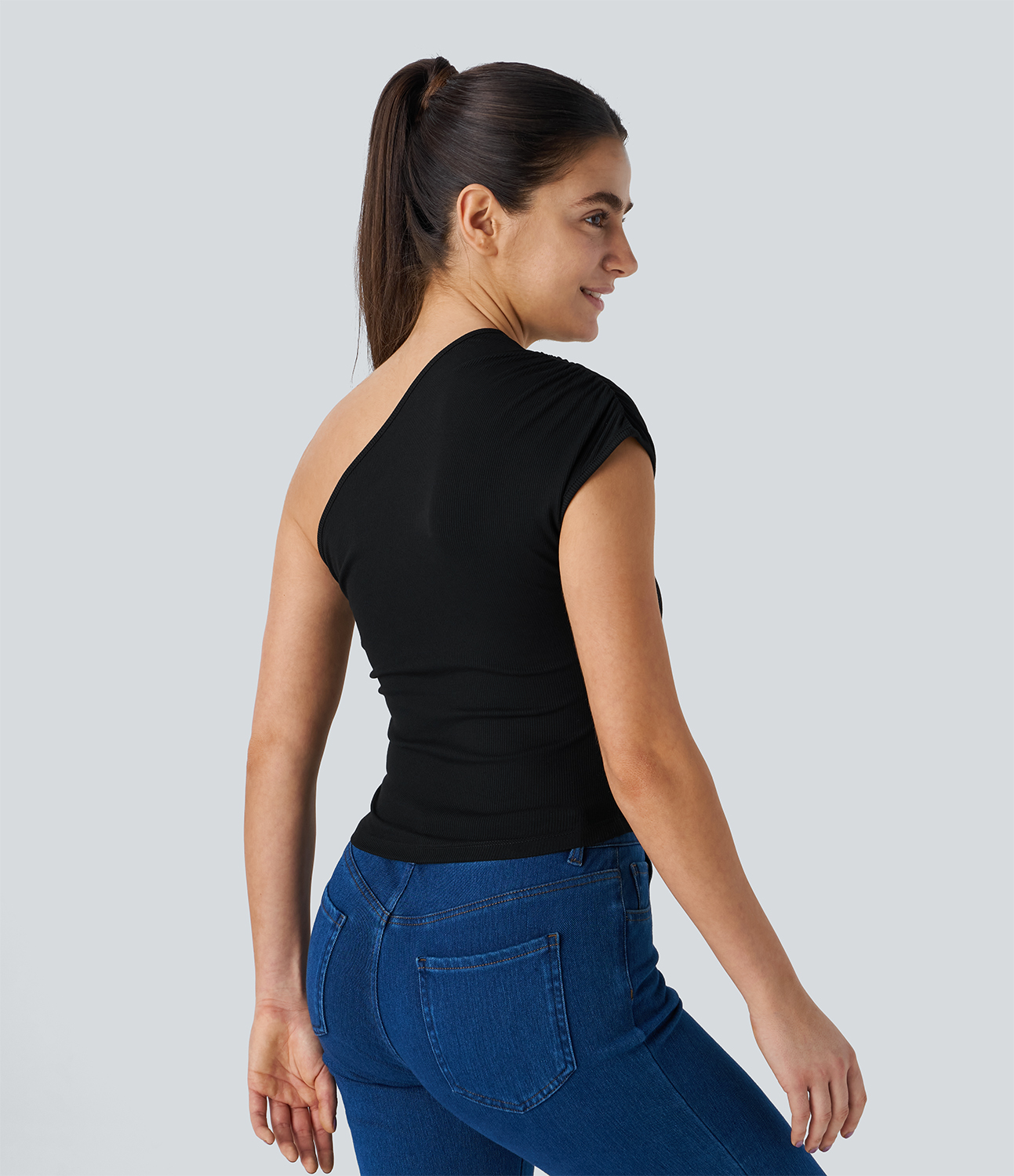 Halara Ribbed Knit One Shoulder Ruched Slim Casual Top Tank Top - Black - XS golf tops halter top tunic tops sleeveless tops backless top 