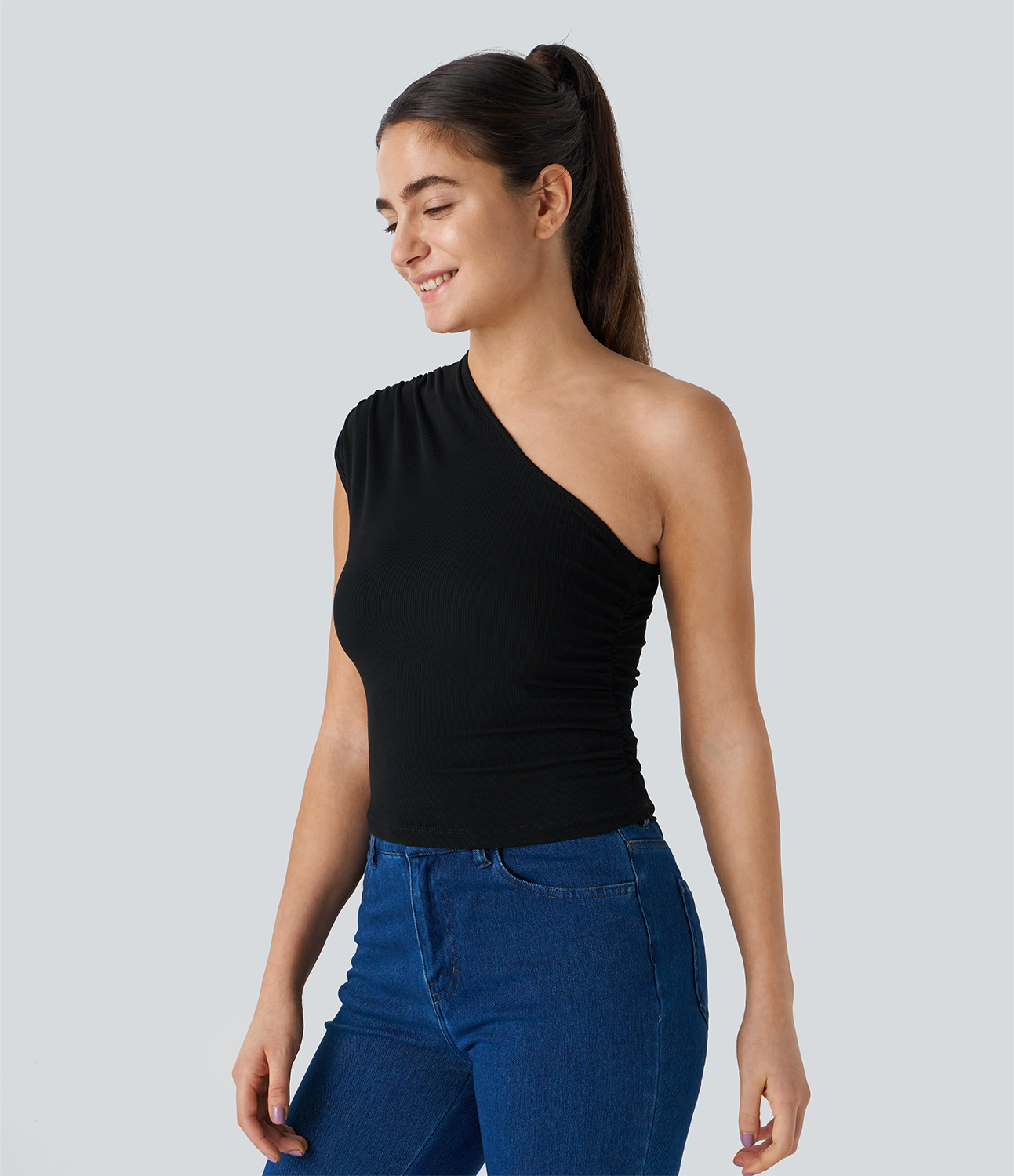 Halara Ribbed Knit One Shoulder Ruched Slim Casual Top Tank Top - Black - XS golf tops halter top tunic tops sleeveless tops backless top 
