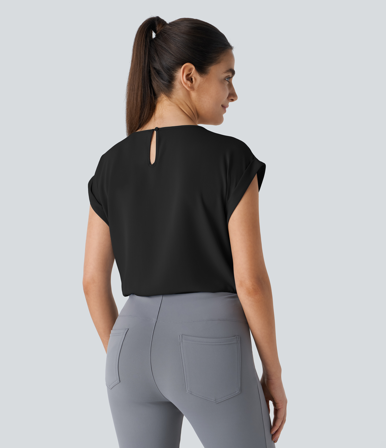 Halara Plicated Button Keyhole Back Cap Sleeve Work Blouse  - Black - XS 