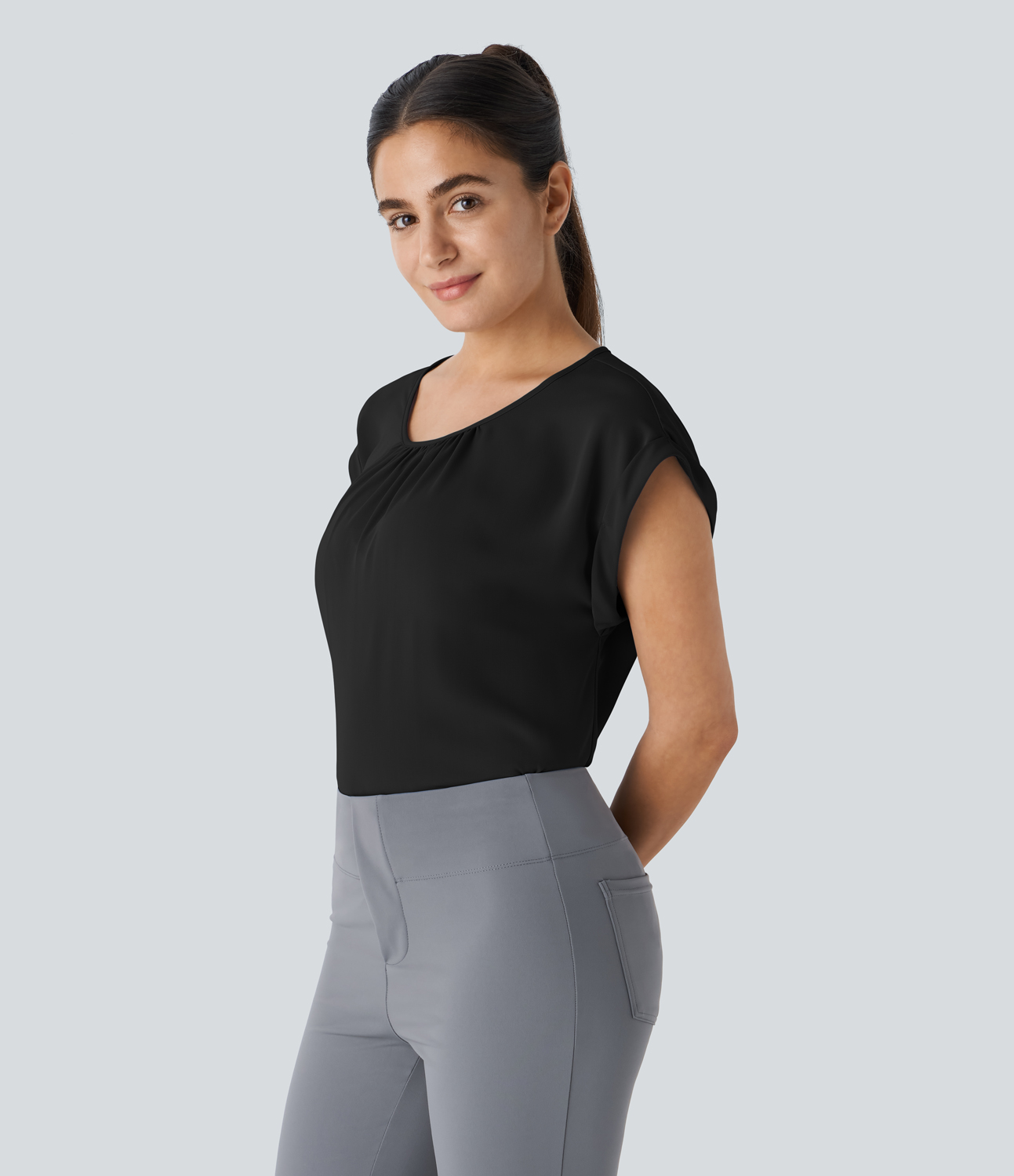 Halara Plicated Button Keyhole Back Cap Sleeve Work Blouse  - Black - XS 