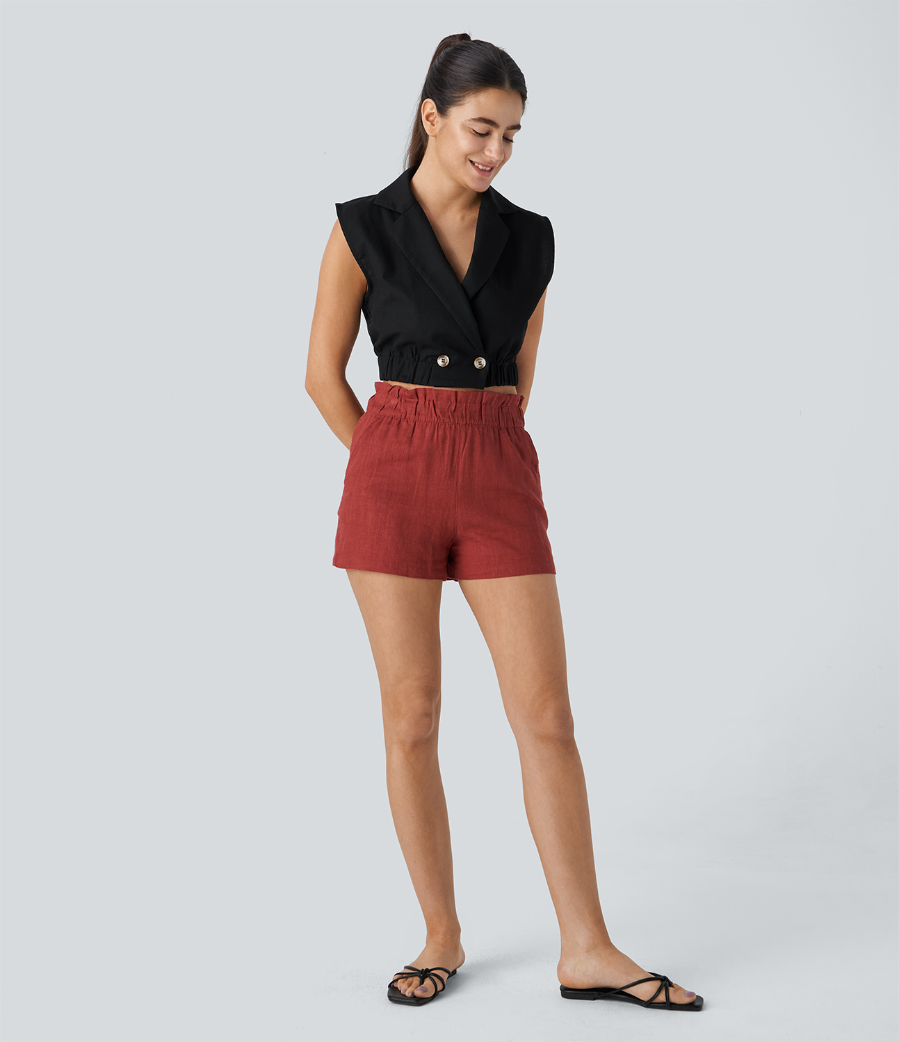 Halara Notched Collar Sleeveless Button Cropped Linen-Blend Casual Vest Tank Top - Black - M golf tops halter top tunic tops sleeveless tops 