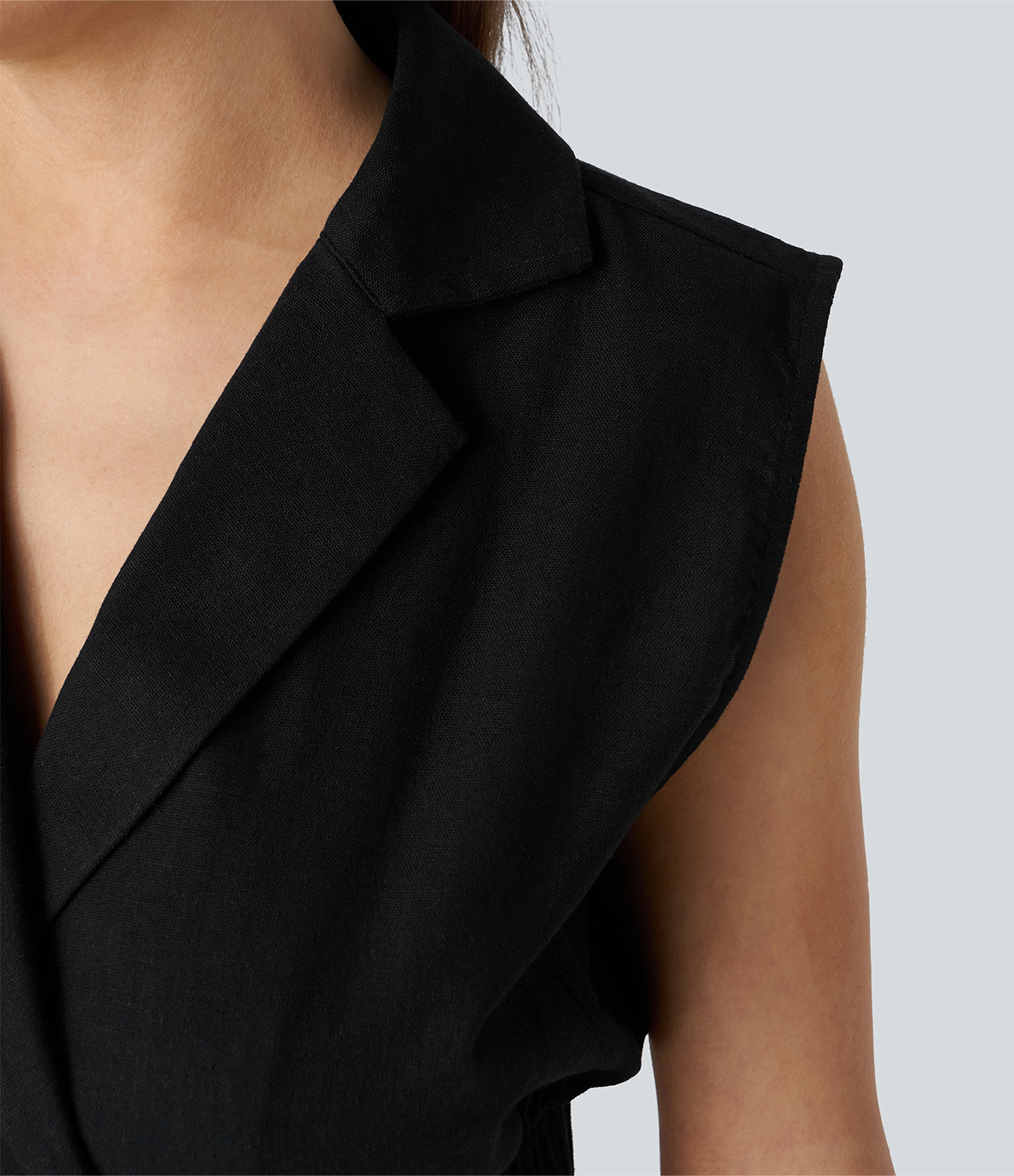 Halara Notched Collar Sleeveless Button Cropped Linen-Blend Casual Vest Tank Top - Black - M golf tops halter top tunic tops sleeveless tops 