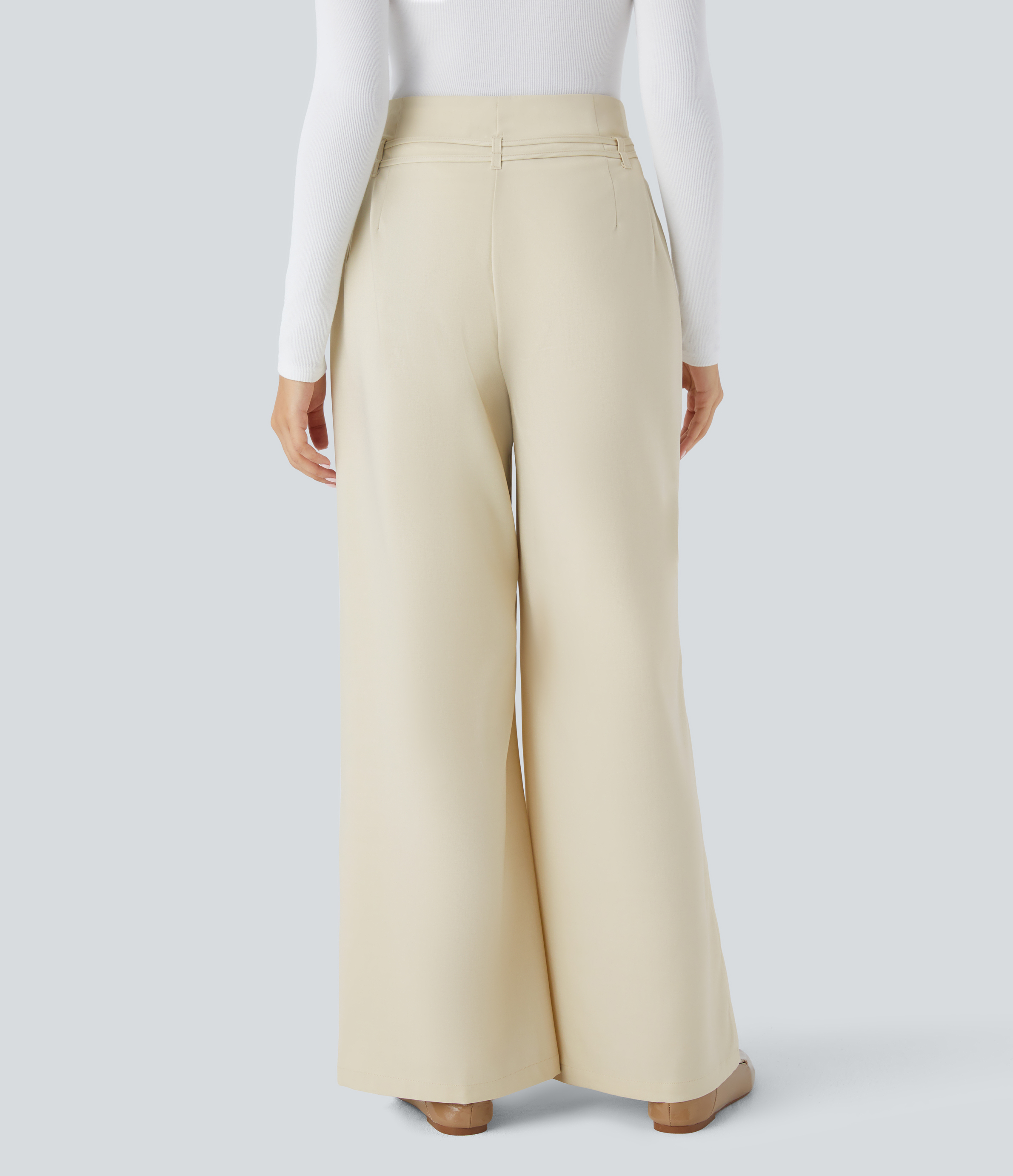Halara High Waisted Tie Front Side Pocket Wide Leg Casual Pants  - Oyster White - M sweatpants jogger pants stacked sweatpants cargo joggers 
