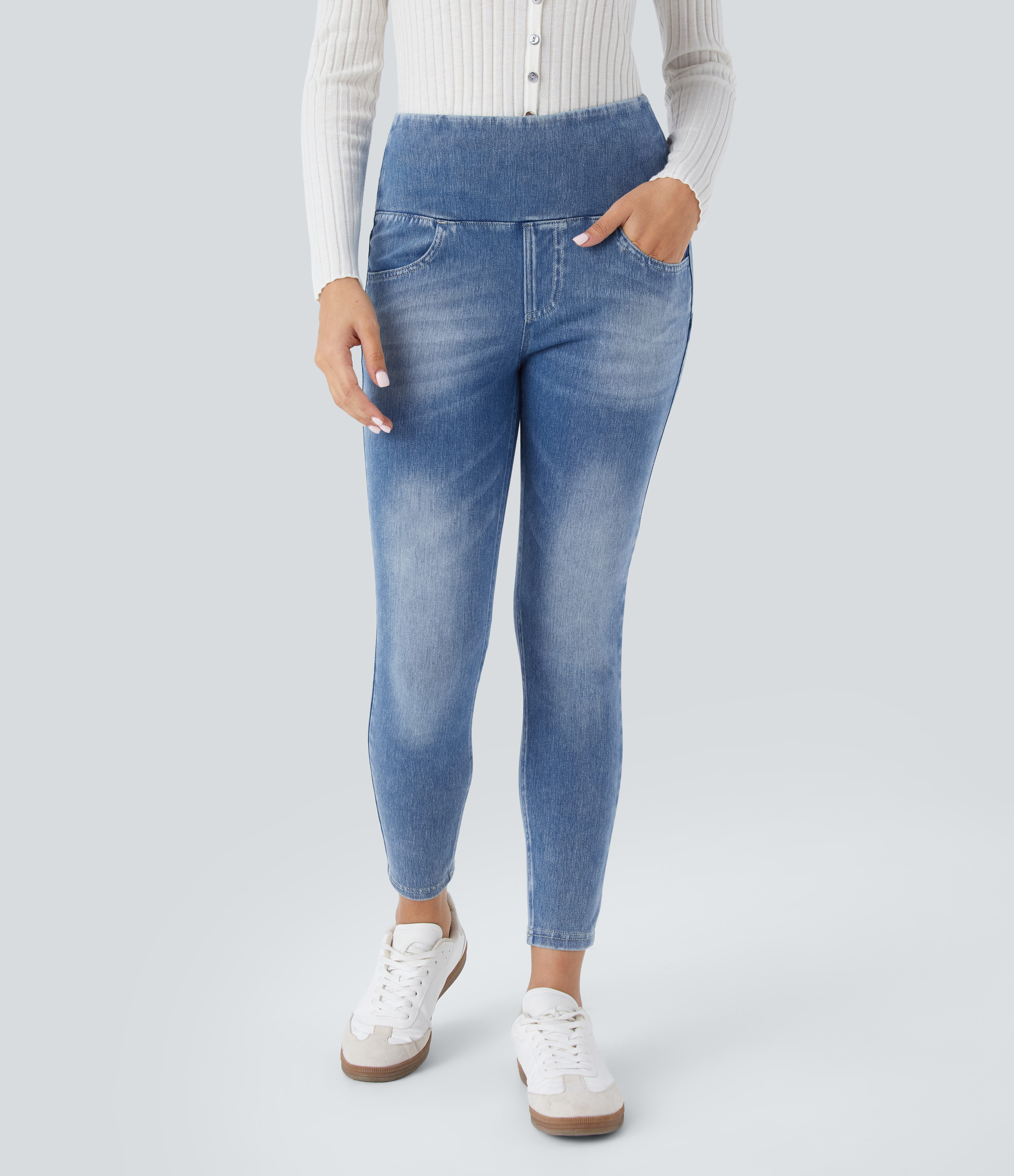 High Waisted Pockets Denim 7/8 Casual Leggings