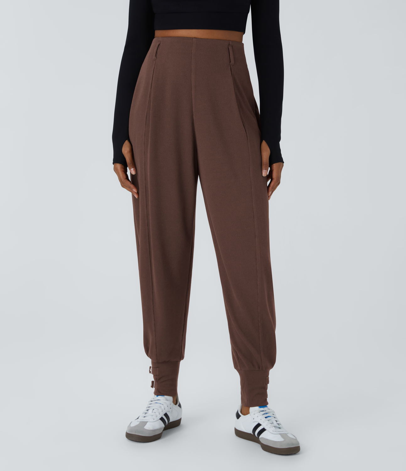 Halara Ribbed High Waisted Side Pocket Adjustable Buckle Hem Casual Joggers  - Chestnut - XS(regular) 