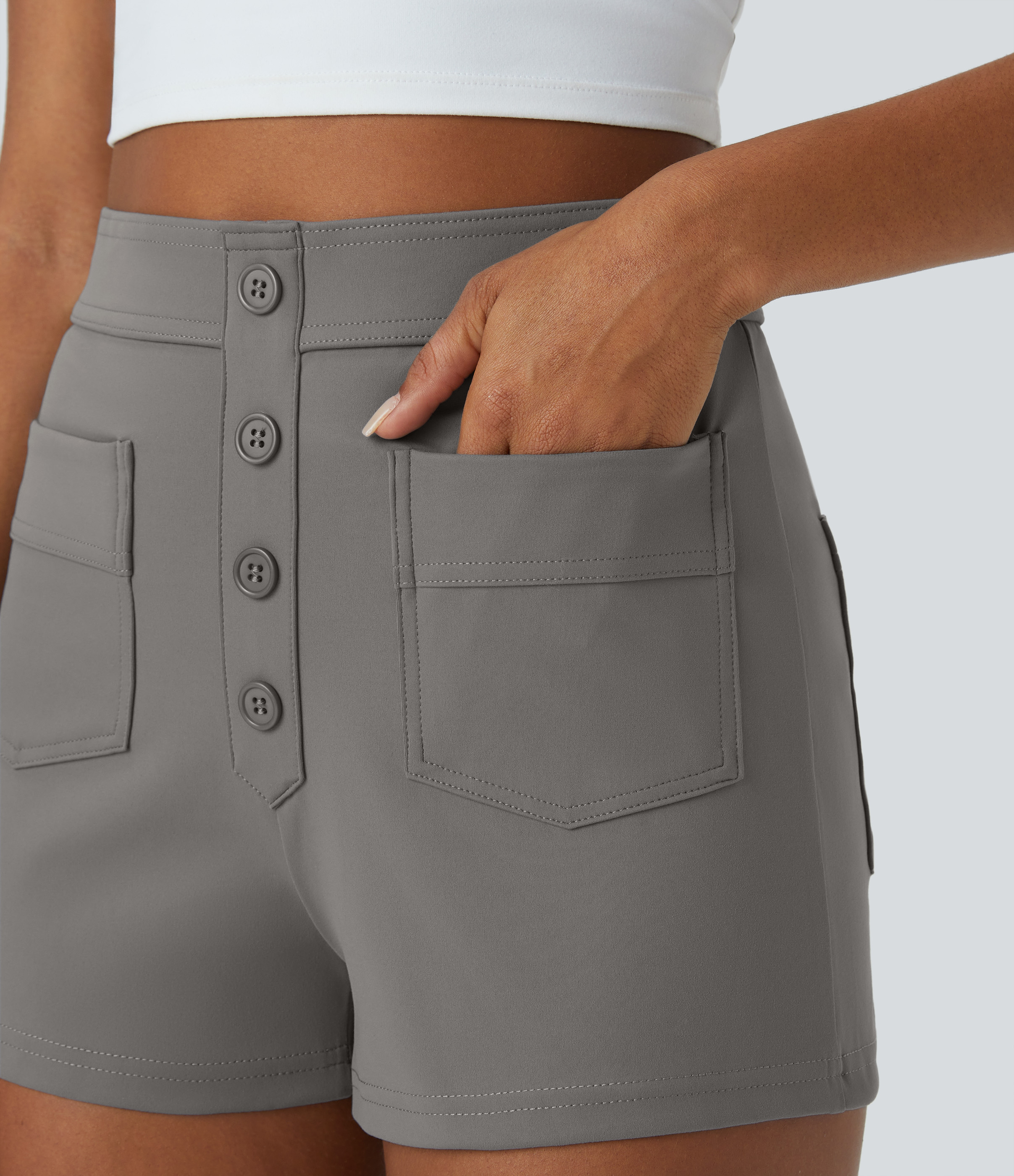 Halara High Waisted Button Multiple Pockets Casual Shorts 2.5``  - Silent Storm - L 