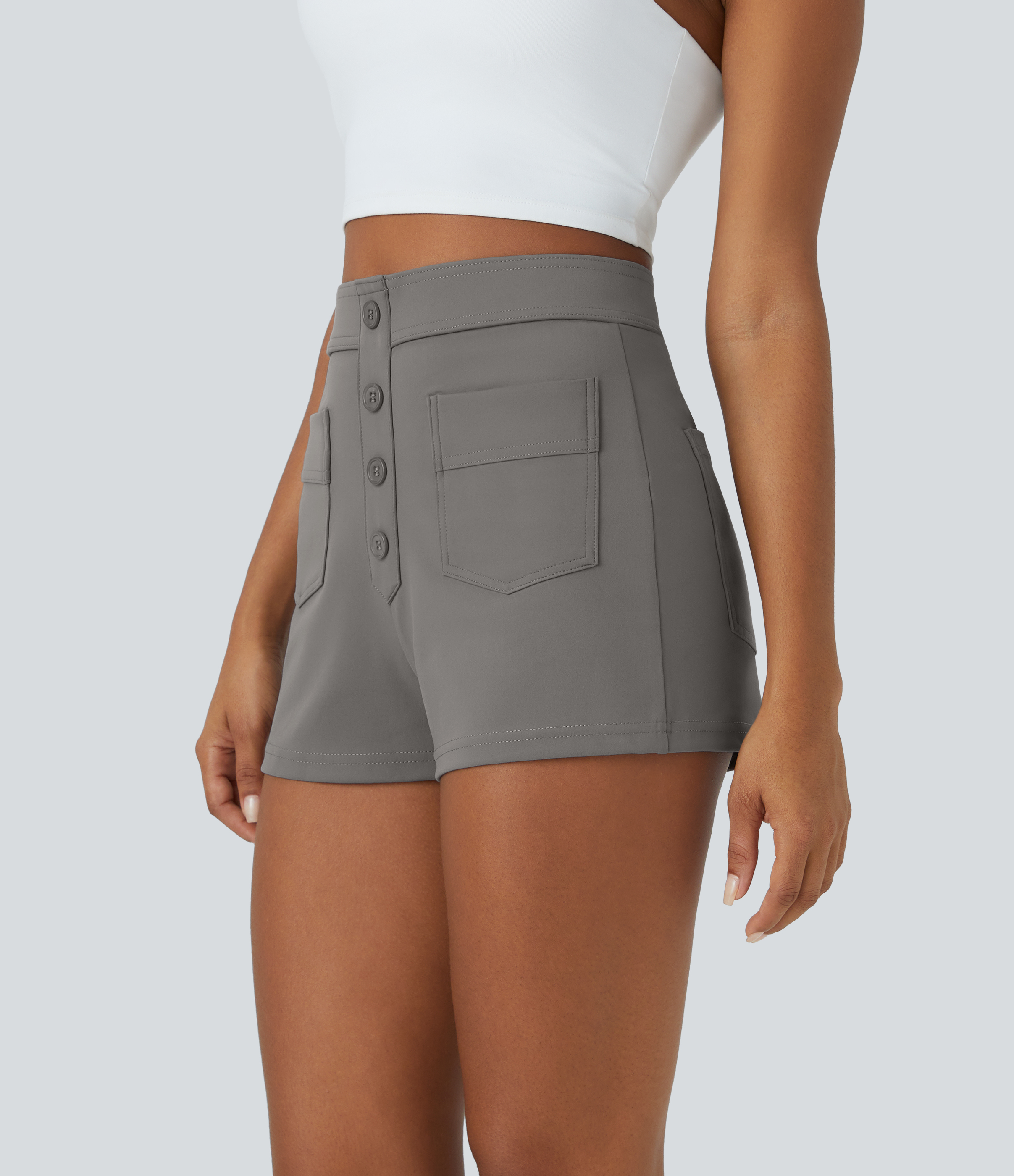 Halara High Waisted Button Multiple Pockets Casual Shorts 2.5``  - Silent Storm - L 