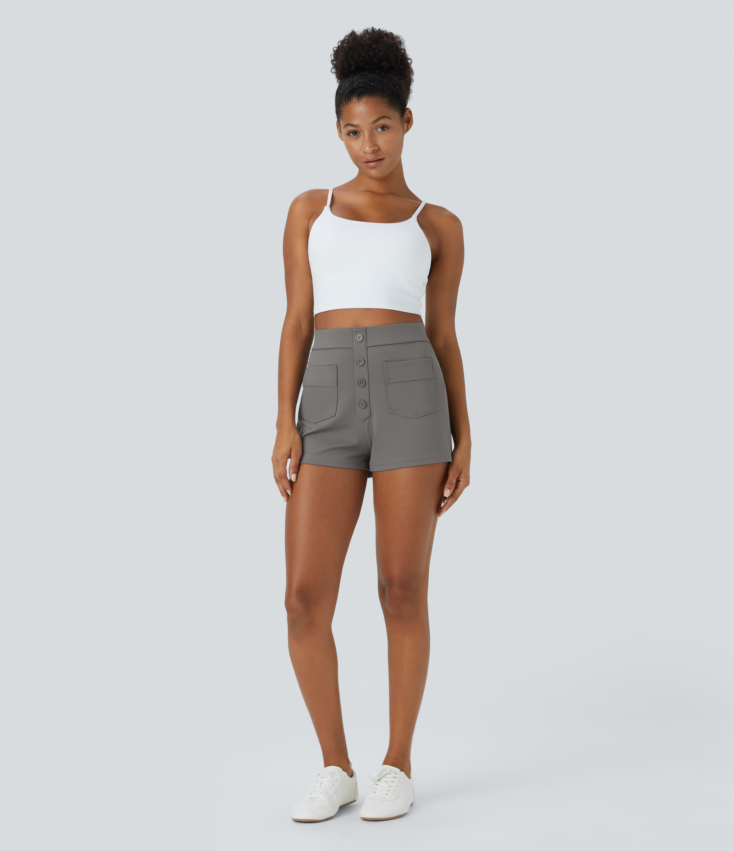Halara High Waisted Button Multiple Pockets Casual Shorts 2.5``  - Silent Storm - L 