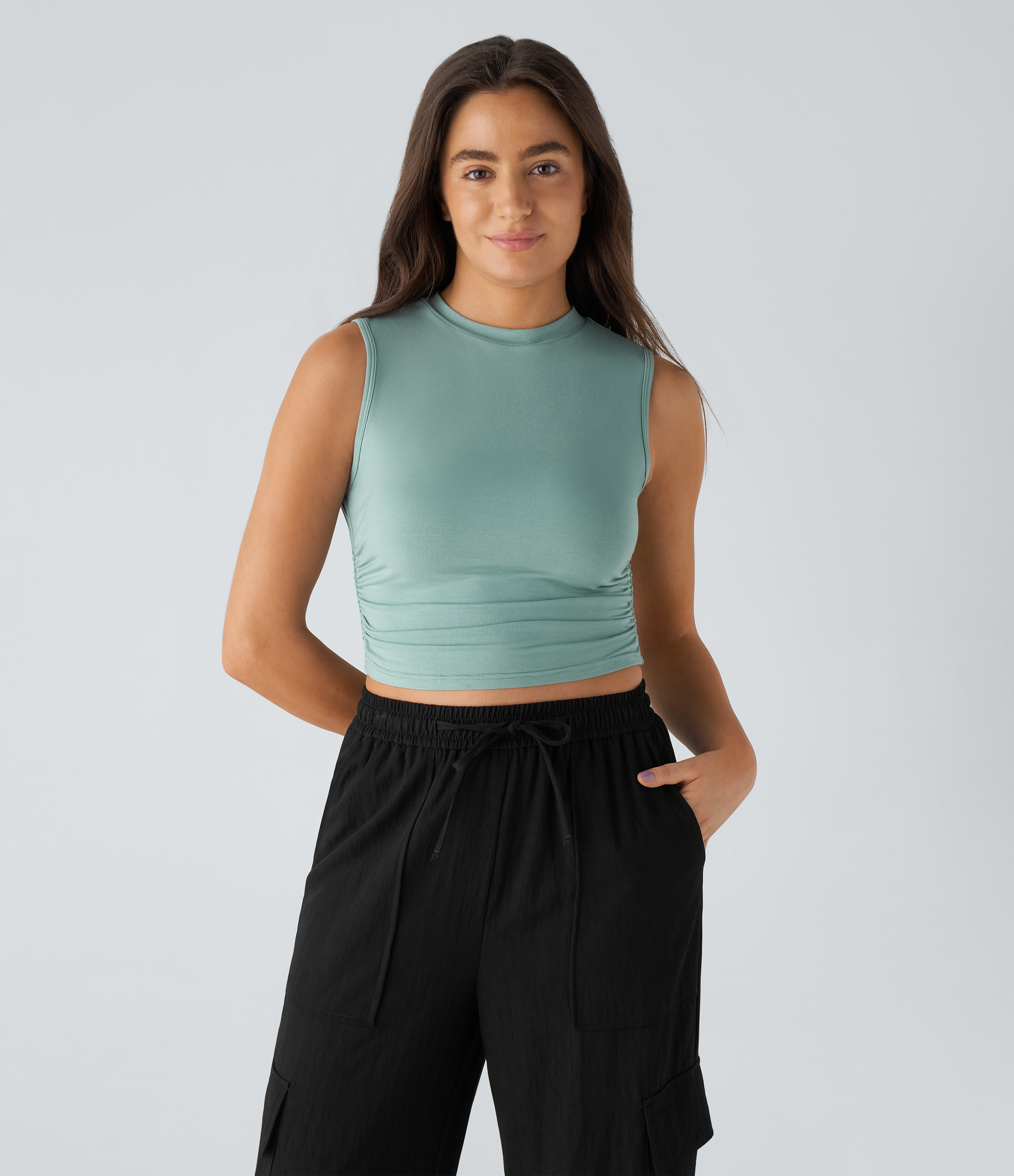 Halara Round Neck Ruched Skinny Cropped Casual Tank Top Tank Top - Azure - S golf tops halter top tunic tops sleeveless tops backless top 
