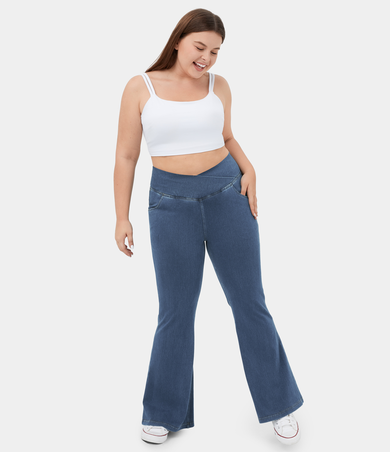 Halara HalaraMagicв„ў High Waisted Crossover Pocket Cool Touch Breathable Washed Stretchy Knit Plus Size Casual Super Flare Jeans  - Washed Denim Dark Blue - 1X 