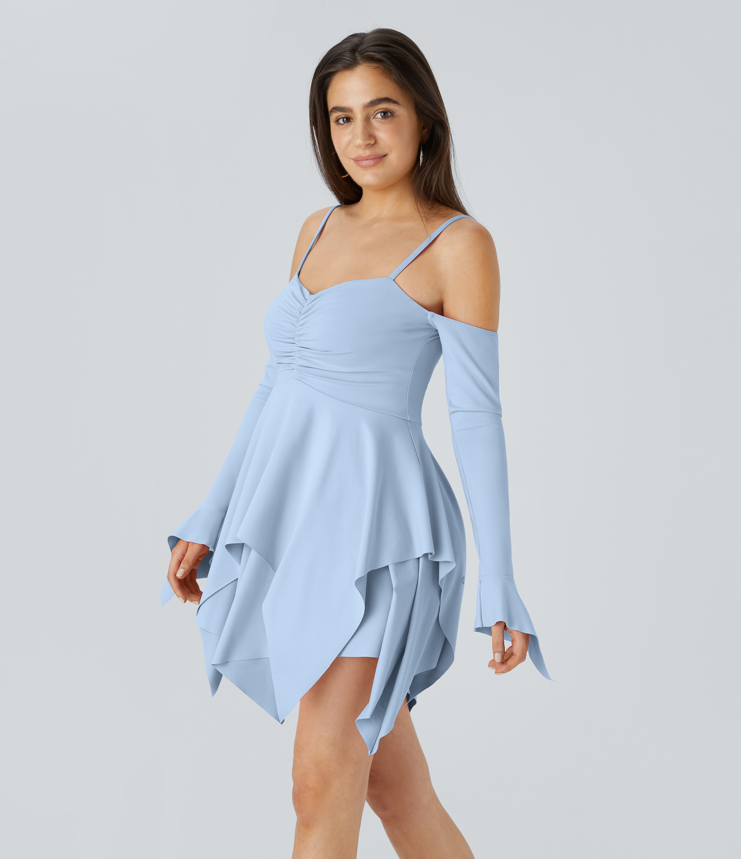 Halara Adjustable Strap Ruched Backless Long Sleeve Layered Hanky Hem Mini Casual Dress Casual Dress - Angel Falls - XS slip dress 