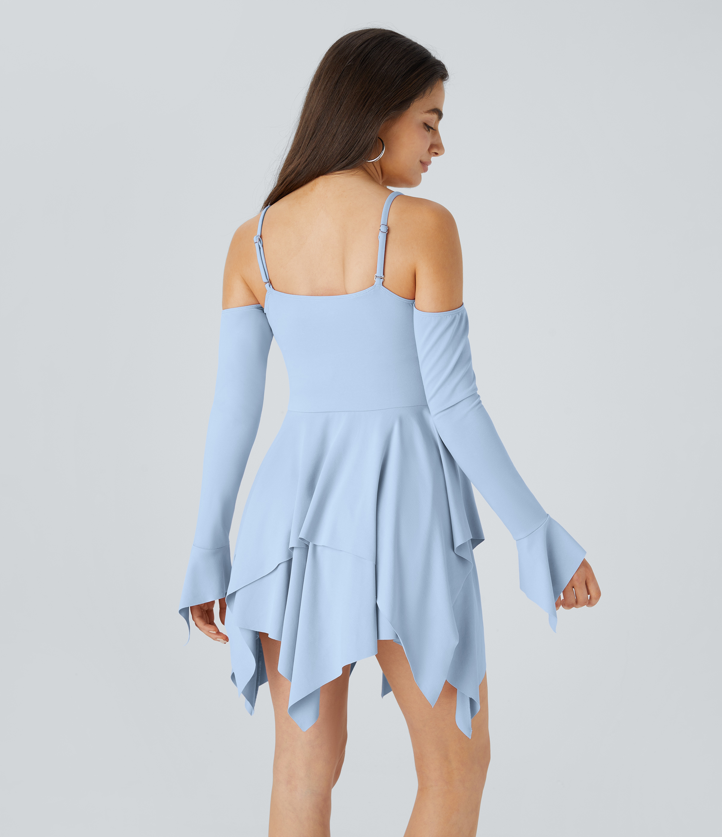 Halara Adjustable Strap Ruched Backless Long Sleeve Layered Hanky Hem Mini Casual Dress Casual Dress - Angel Falls - XS slip dress 
