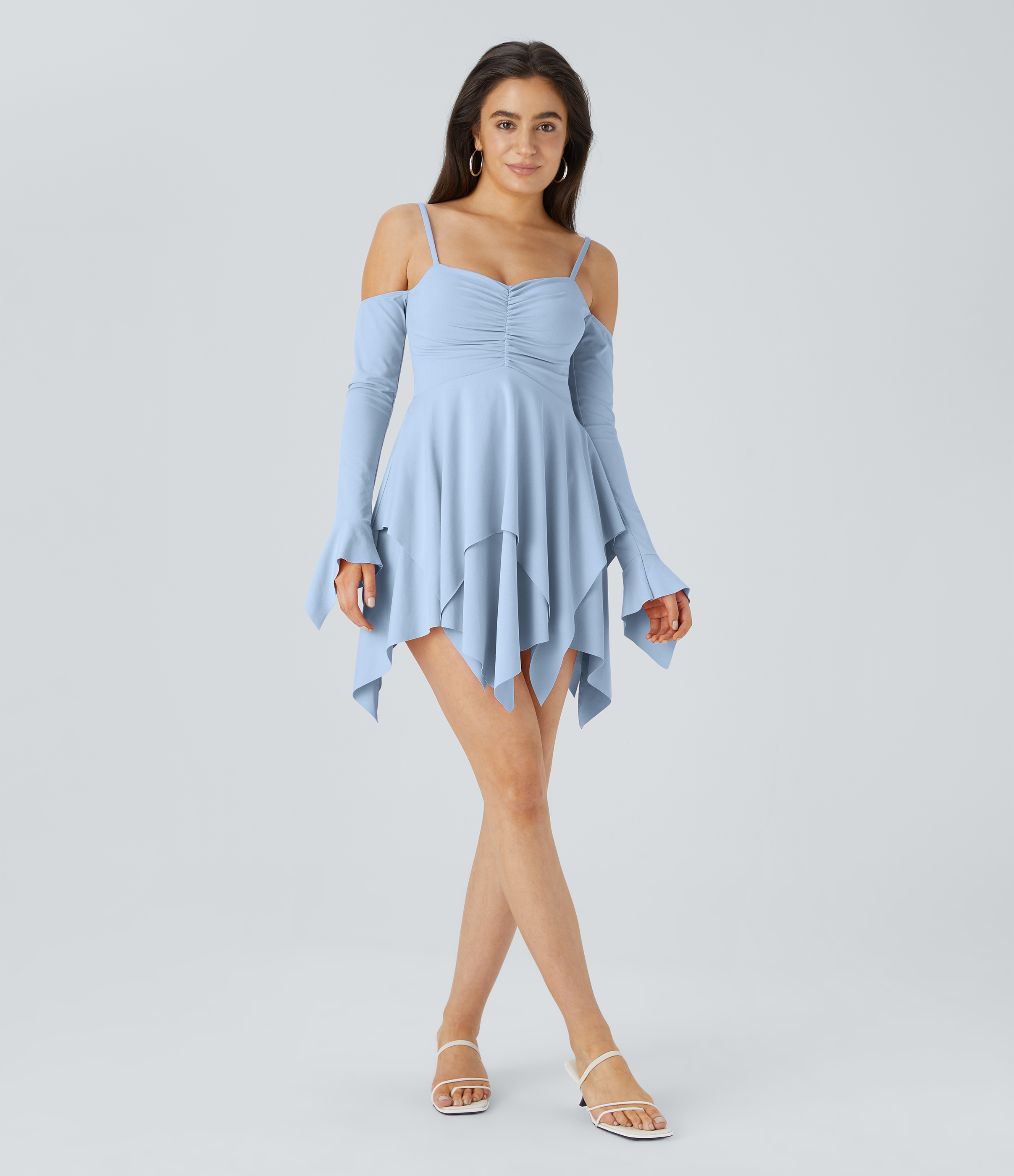 Halara Adjustable Strap Ruched Backless Long Sleeve Layered Hanky Hem Mini Casual Dress Casual Dress - Angel Falls - XS slip dress 