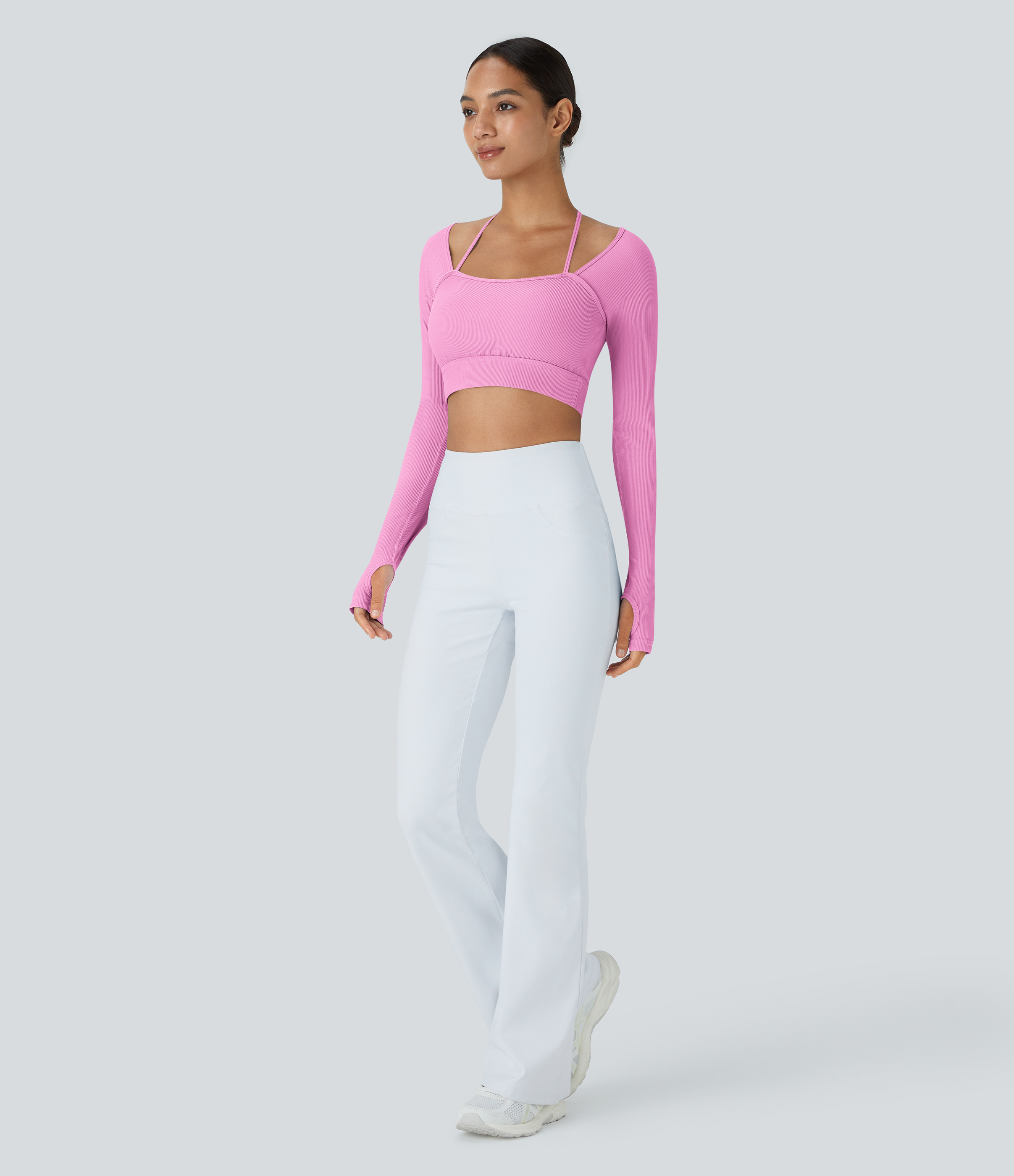 Halara Ribbed Halter Strap Thumb Hole Cropped Yoga Sports Top  - Bonbon - L 