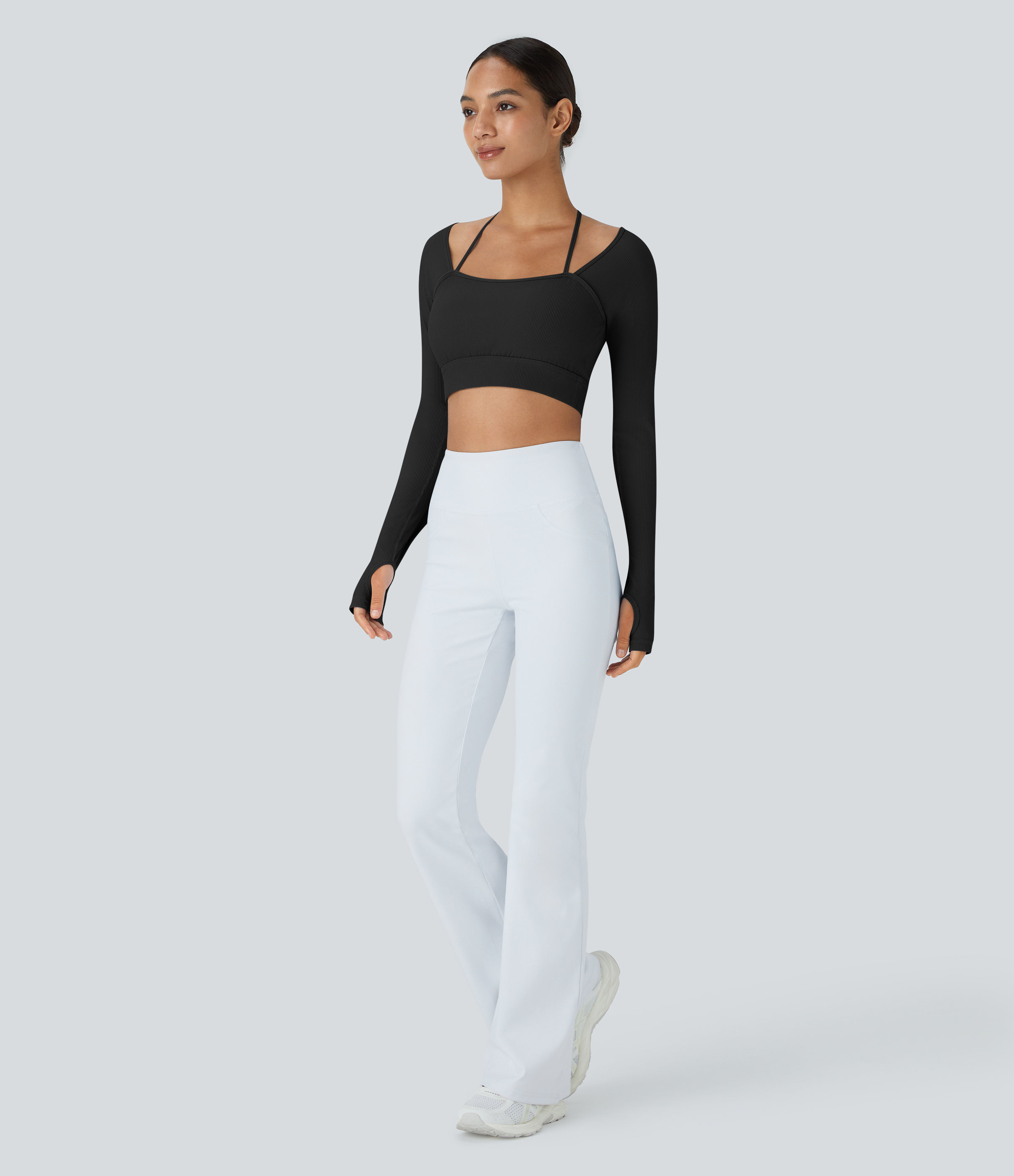 Halara Ribbed Halter Strap Thumb Hole Cropped Yoga Sports Top  - Black - XS 