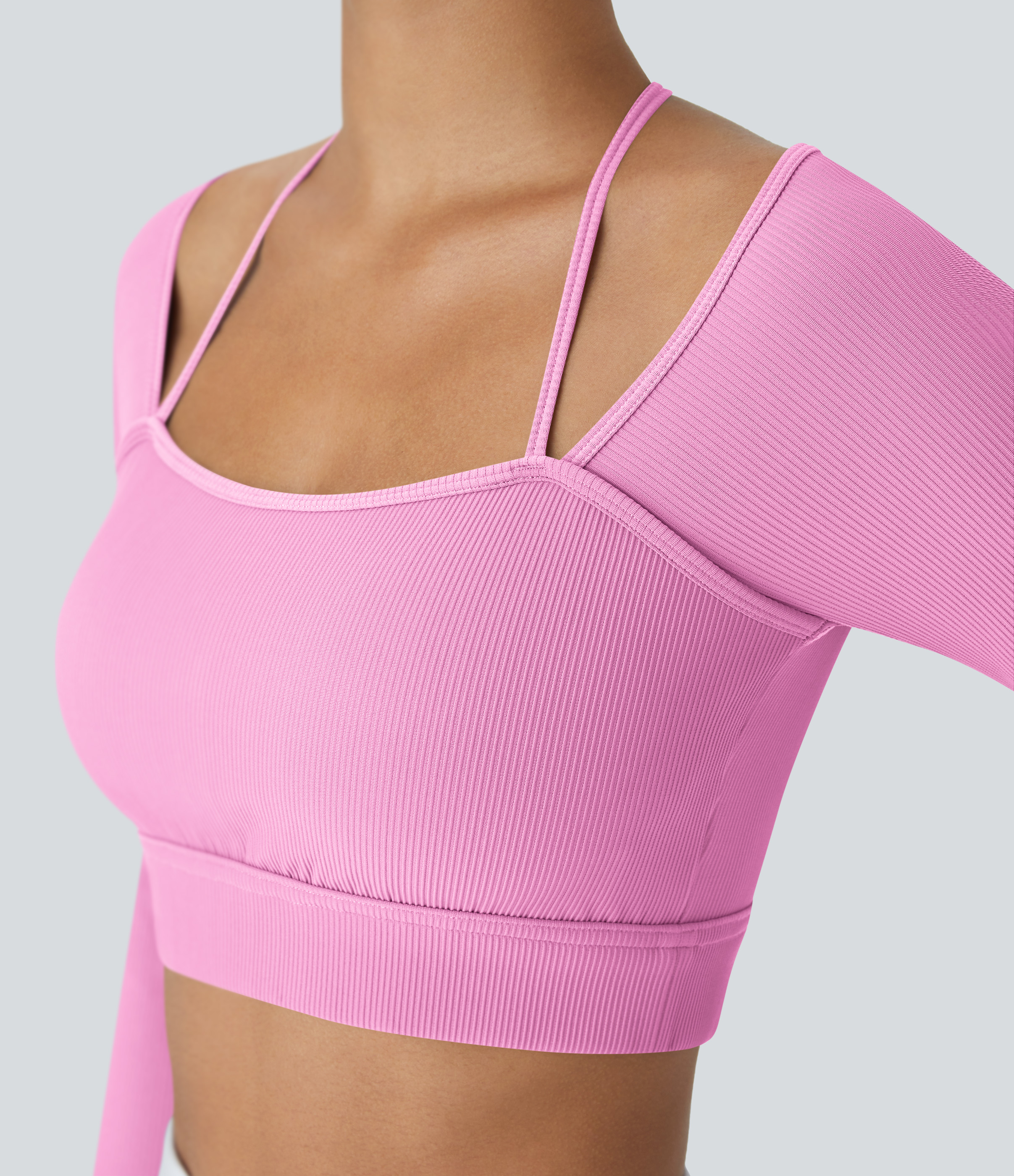 Halara Ribbed Halter Strap Thumb Hole Cropped Yoga Sports Top  - Bonbon - L 
