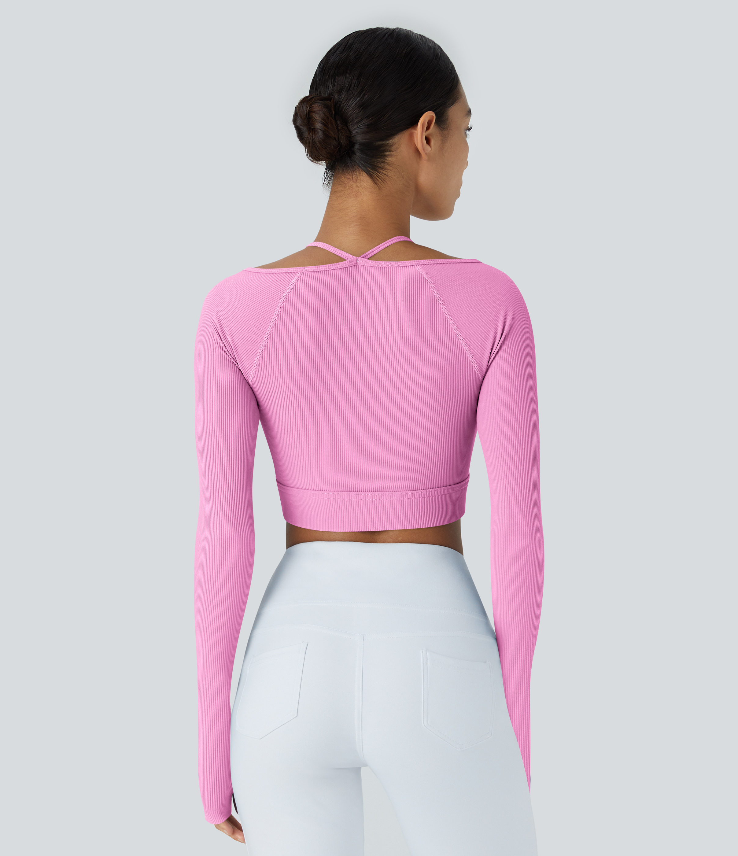Halara Ribbed Halter Strap Thumb Hole Cropped Yoga Sports Top  - Bonbon - L 