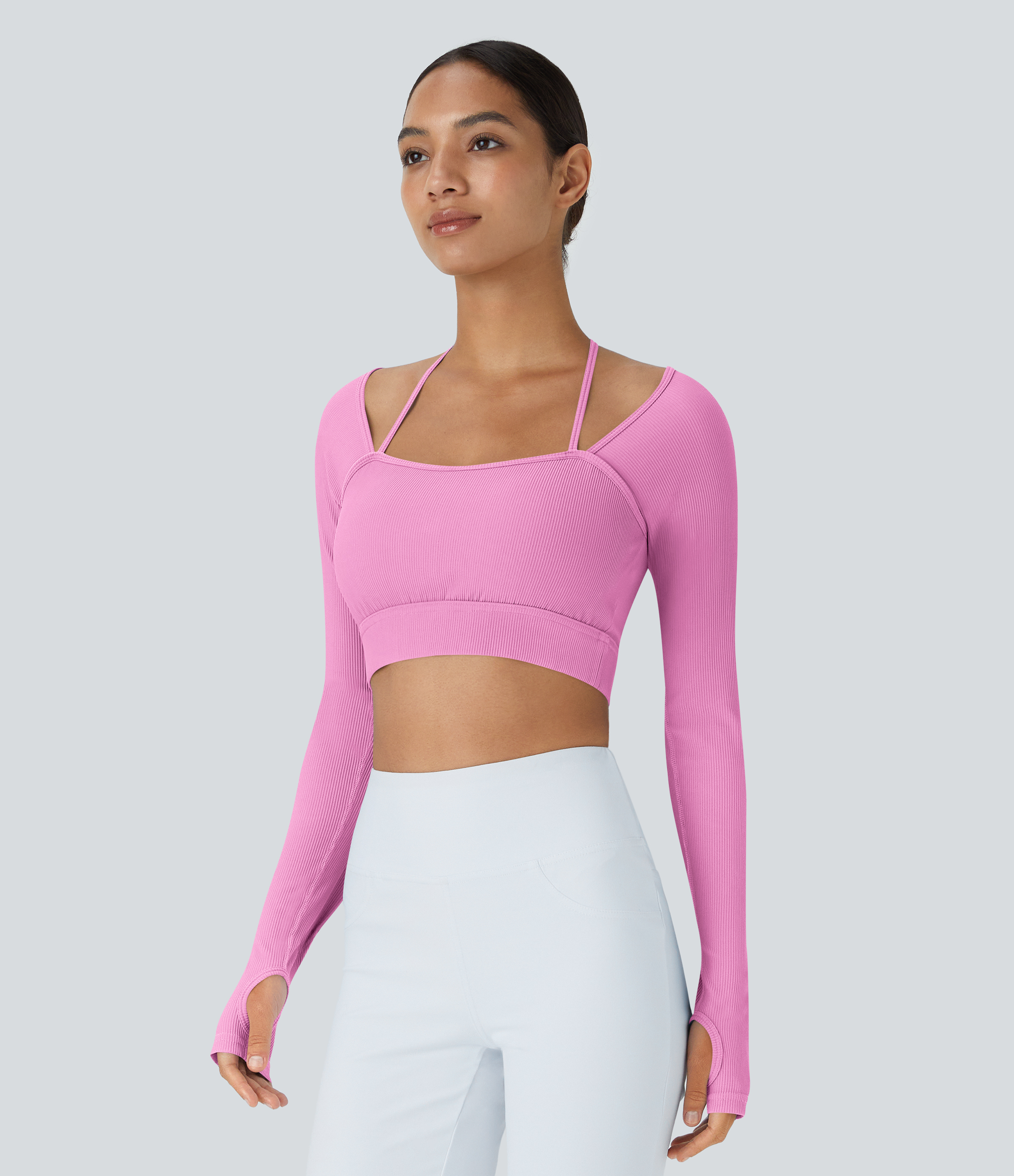 Halara Ribbed Halter Strap Thumb Hole Cropped Yoga Sports Top  - Bonbon - L 