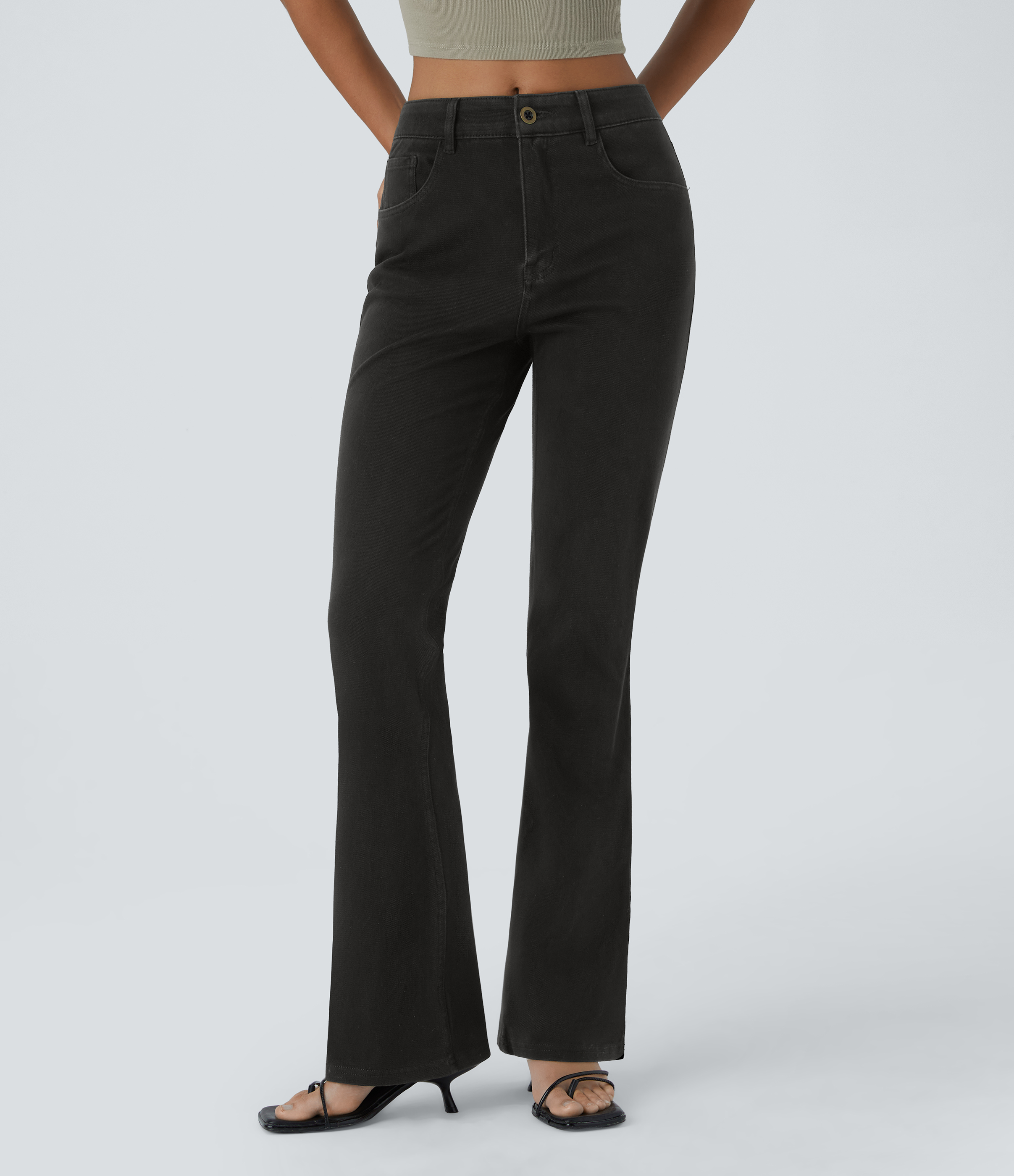 Halara HalaraMagicв„ў Mid Rise Button Pockets Stretchy Knit Denim Casual Slight Flare Pants  - Black - XS sweatpants jogger pants 