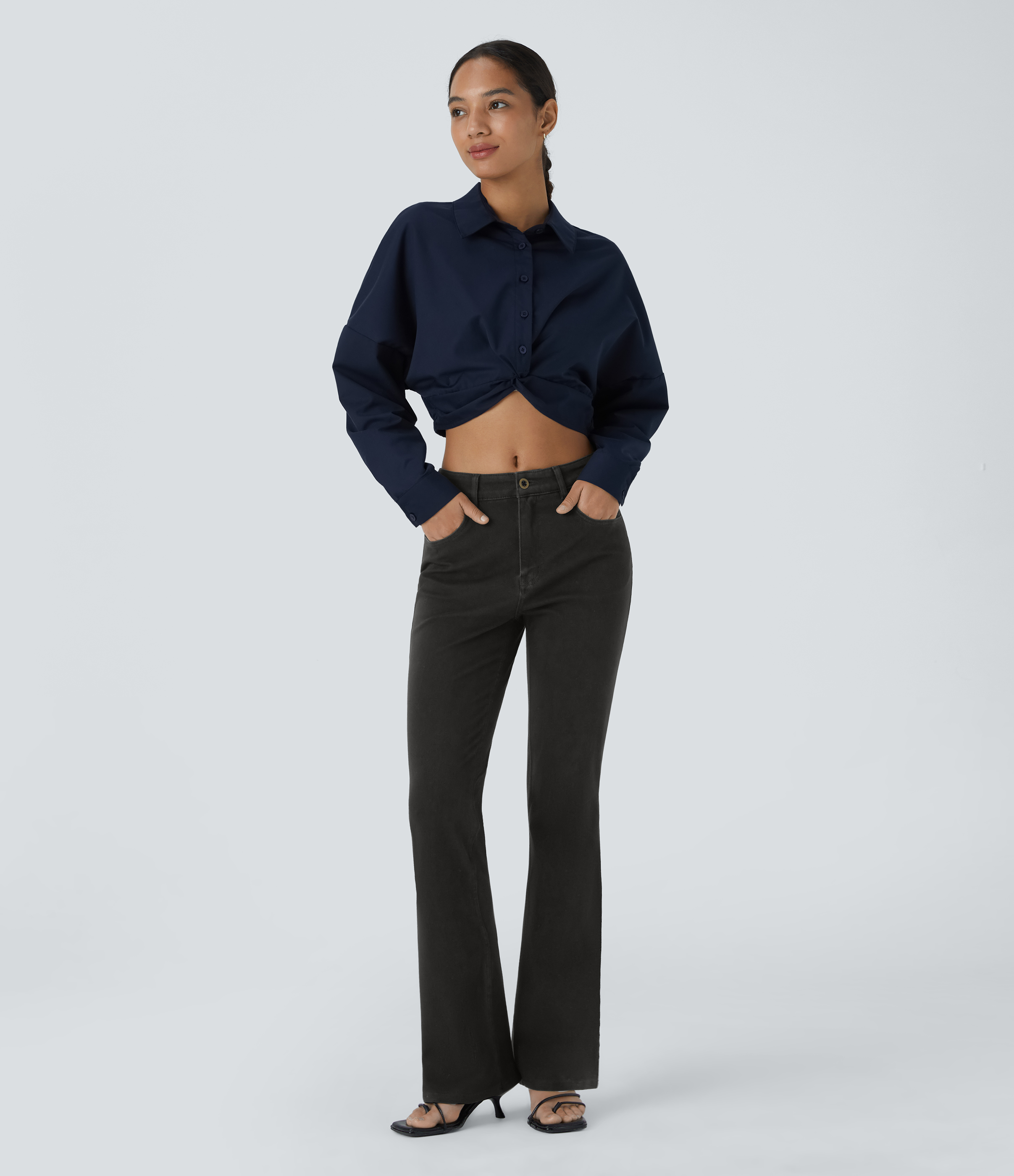 Halara HalaraMagicв„ў Mid Rise Button Pockets Stretchy Knit Denim Casual Slight Flare Pants  - Black - XS sweatpants jogger pants 