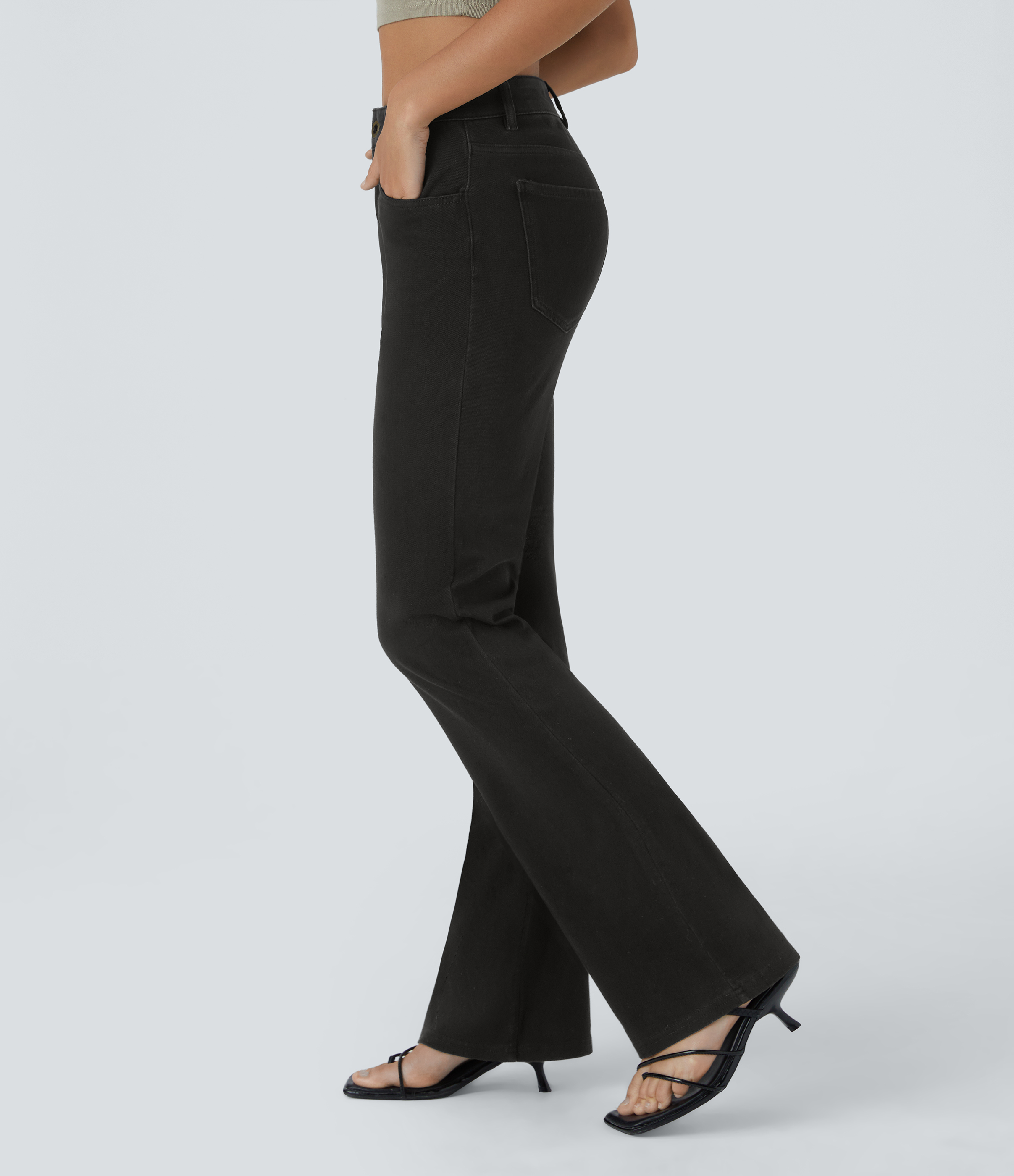 Halara HalaraMagicв„ў Mid Rise Button Pockets Stretchy Knit Denim Casual Slight Flare Pants  - Black - XS sweatpants jogger pants 