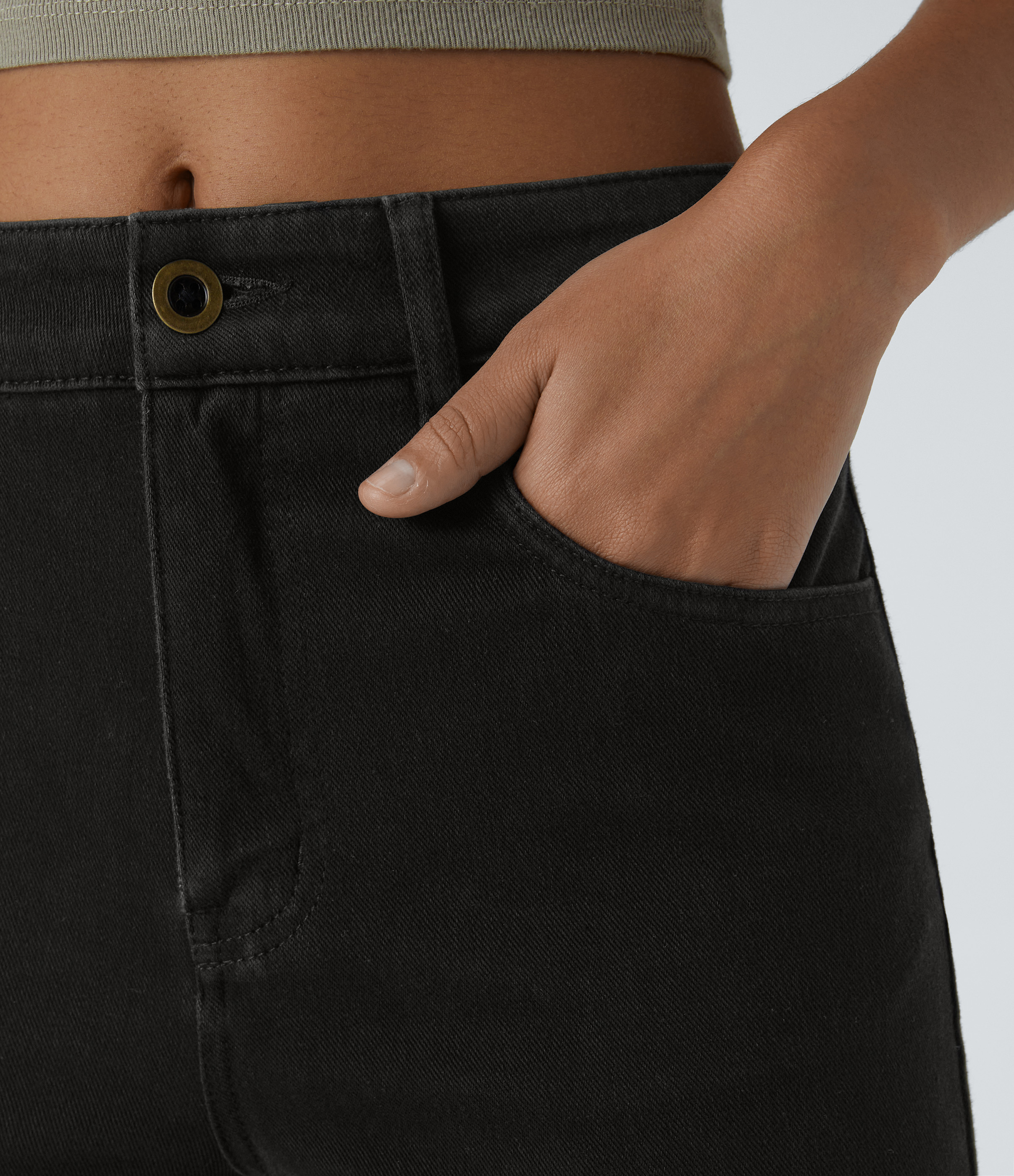 Halara HalaraMagicв„ў Mid Rise Button Pockets Stretchy Knit Denim Casual Slight Flare Pants  - Black - XS sweatpants jogger pants 