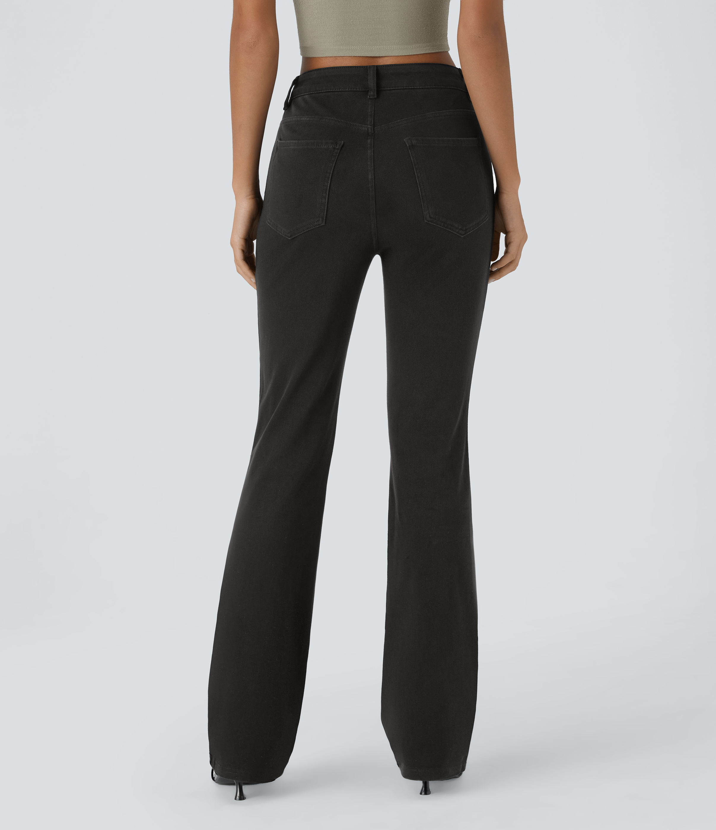 Halara HalaraMagicв„ў Mid Rise Button Pockets Stretchy Knit Denim Casual Slight Flare Pants  - Black - XS sweatpants jogger pants 