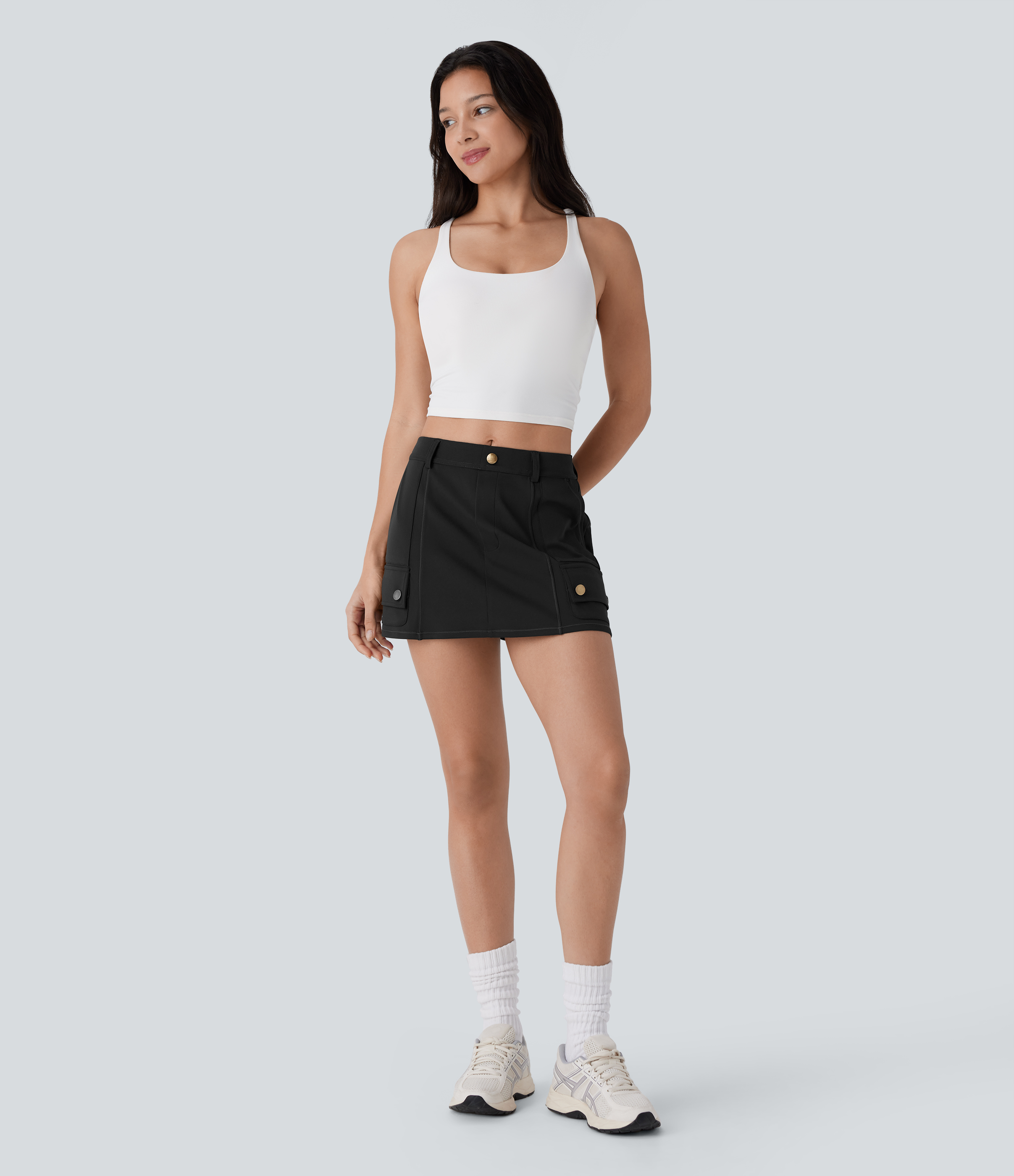 Halara Mid Rise Multiple Pockets 2-in-1 Mini Pickleball Cargo Skirt  - Black - M(regular) midi skirt a line skirt golfing skirt 