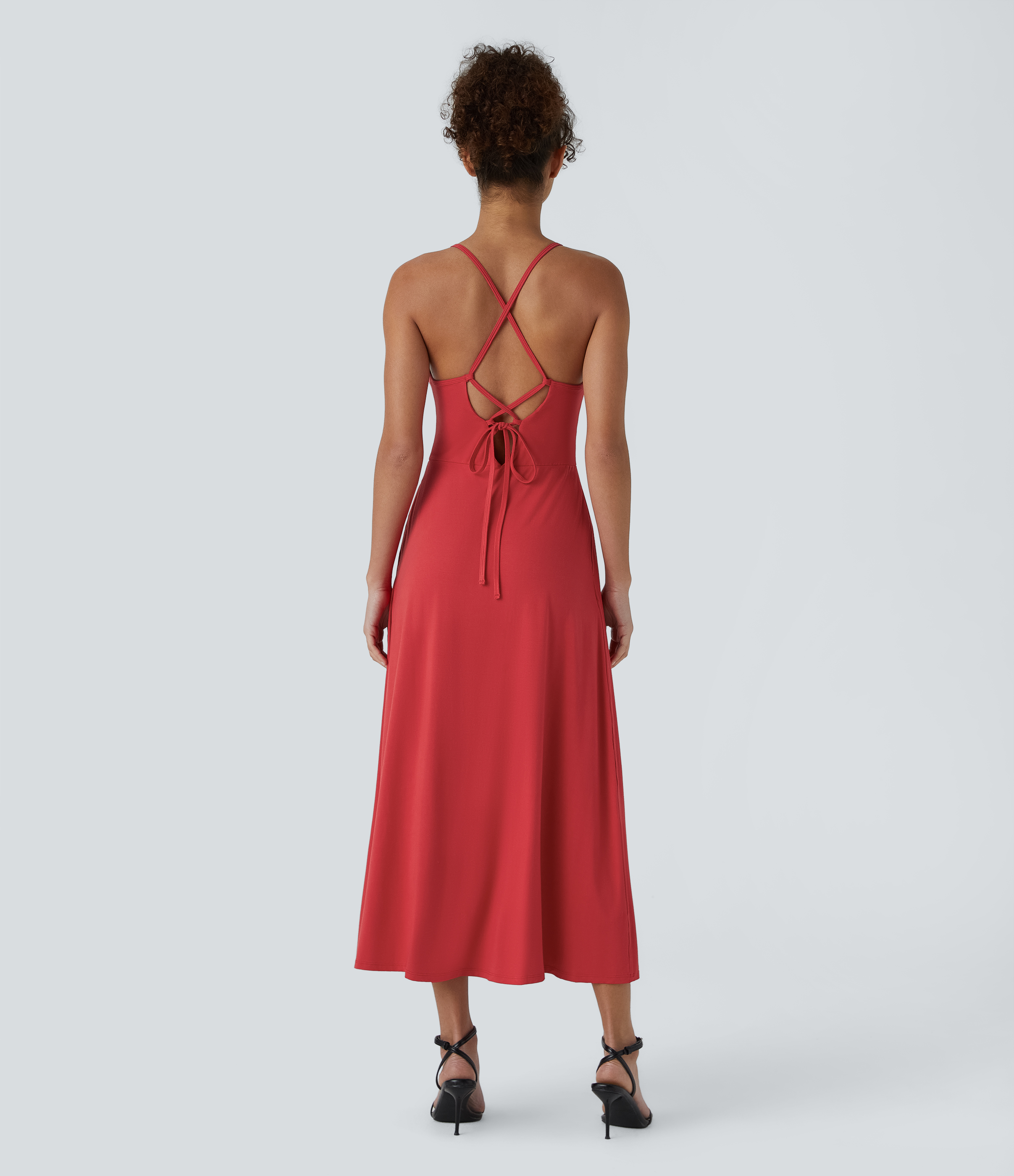 Halara Backless Lace Up Side Pocket Midi Flare Casual Slip Dress Casual Dress - Haute Red - L slip dress beach dress ruched dress 