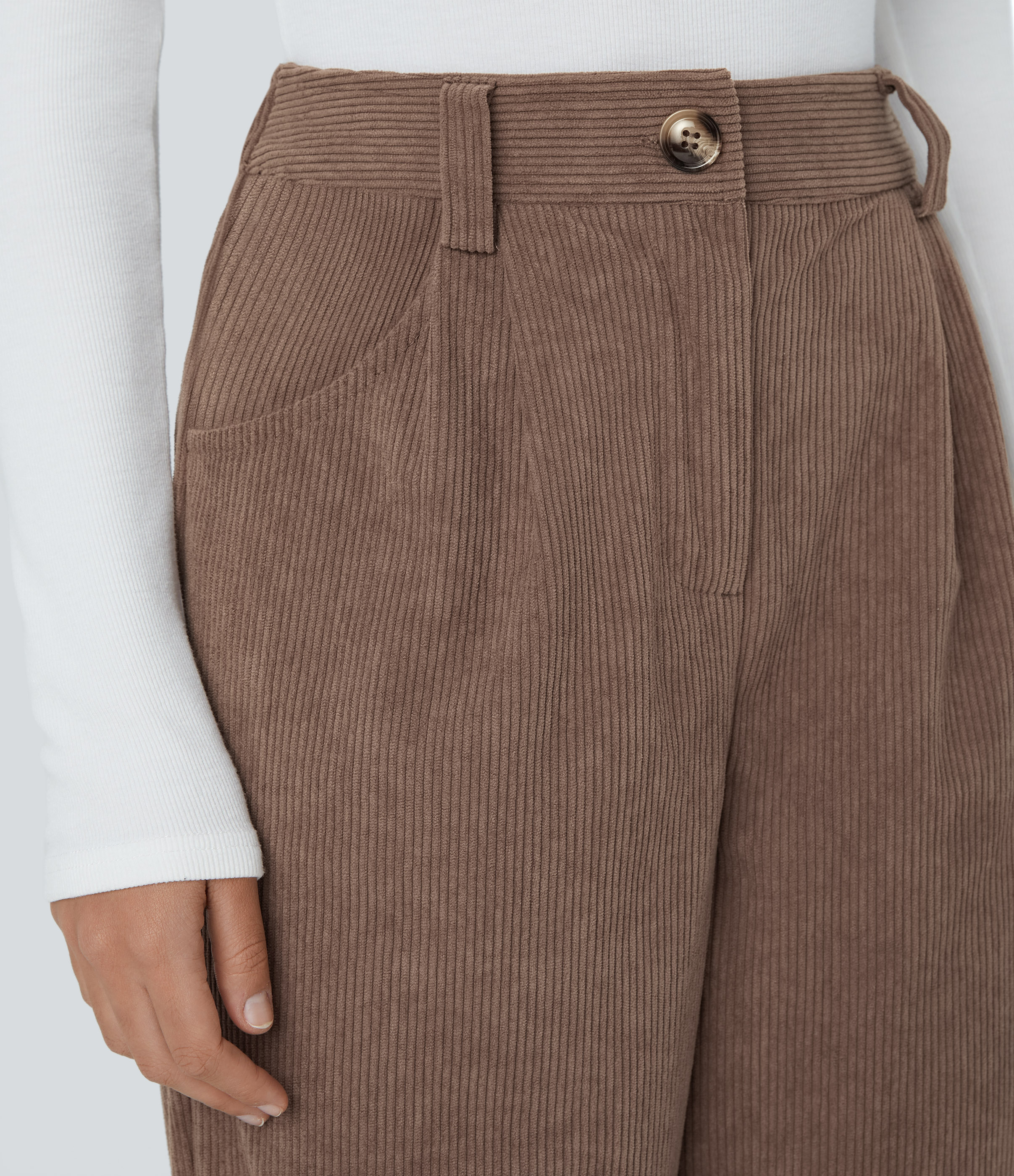 Halara High Waisted Button Zipper Side Pocket Corduroy Casual Pants  - Cocoa Brown - XL(regular) sweatpants jogger pants stacked sweatpants 