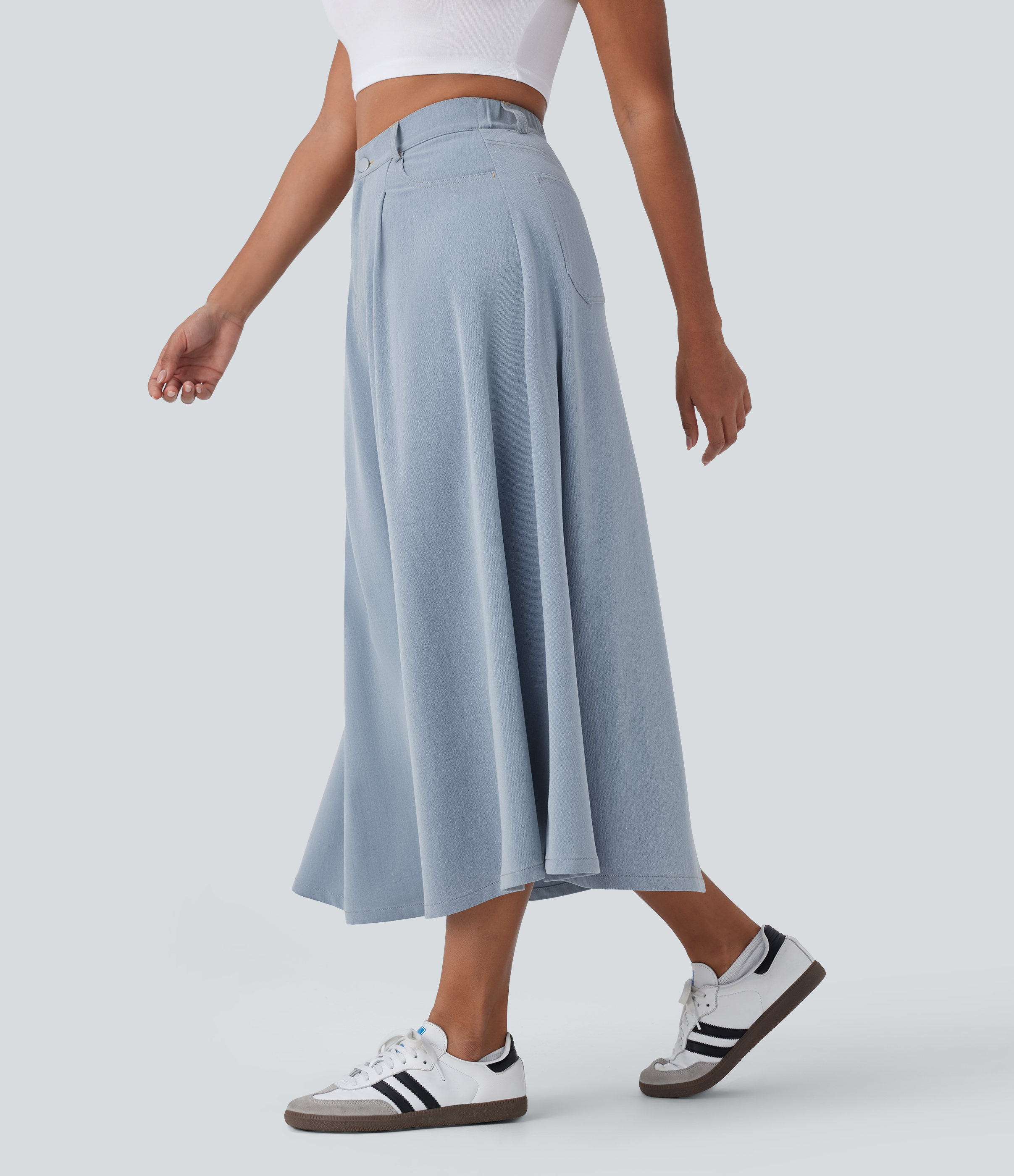 Halara High Waisted Multiple Pockets Midi Casual Flare Skirt  - Misty Rain Grey - S(regular) 