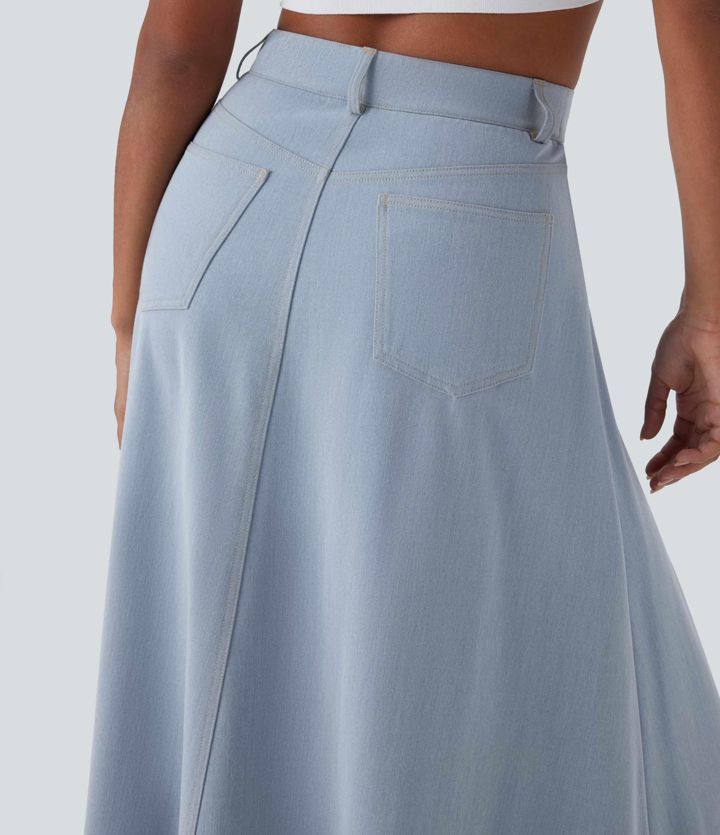 Halara High Waisted Multiple Pockets Midi Casual Flare Skirt  - Misty Rain Grey - S(regular) 
